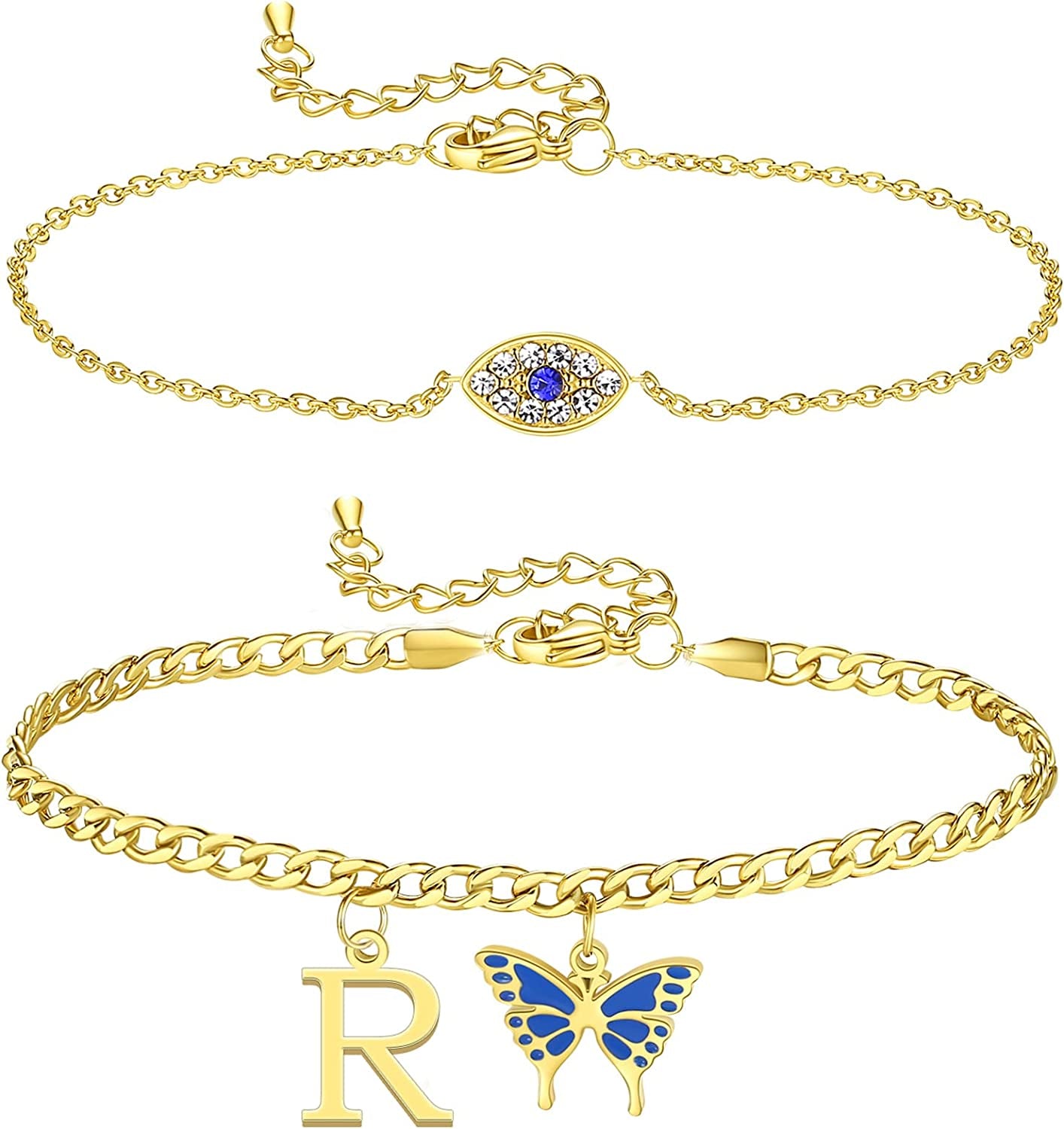 SAM & LORI 2 Pcs Anklets Set 18K Gold Plated Dainty Layered Personalized Initial Anklets Bracelets - Blue Butterfly - Sparkling CZ Evil Eye - Adjustable Summer Jewelry for Women Teen Girls Apparel & Accessories > Jewelry > Anklets SAM & LORI "Butterfly Evil Eye - R