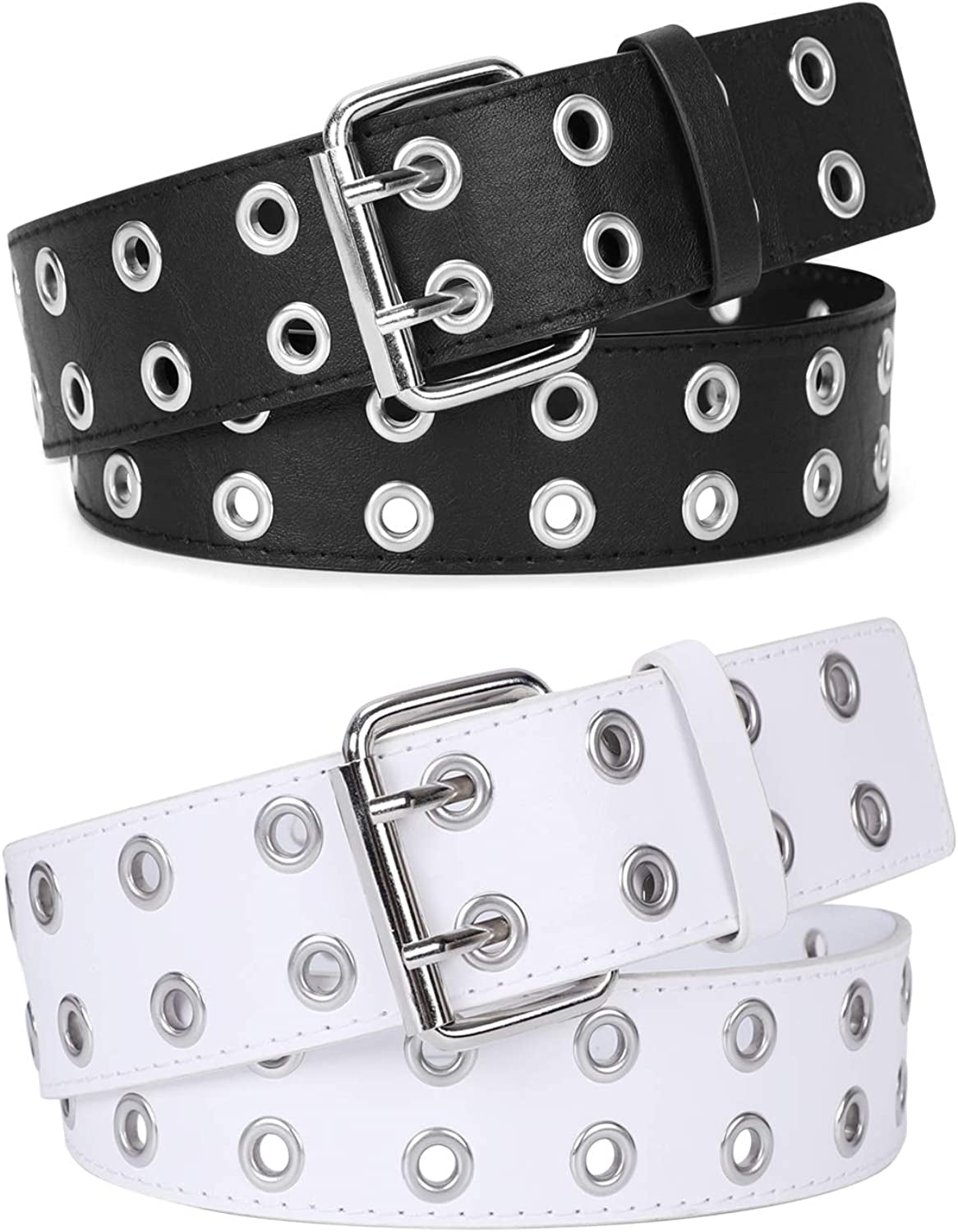 WERFORU 2 Pack Double Grommet Belt PU Leather Punk Belt for Women Jeans Apparel & Accessories > Clothing Accessories > Belts WERFORU A-black+white suit for pant below 53"