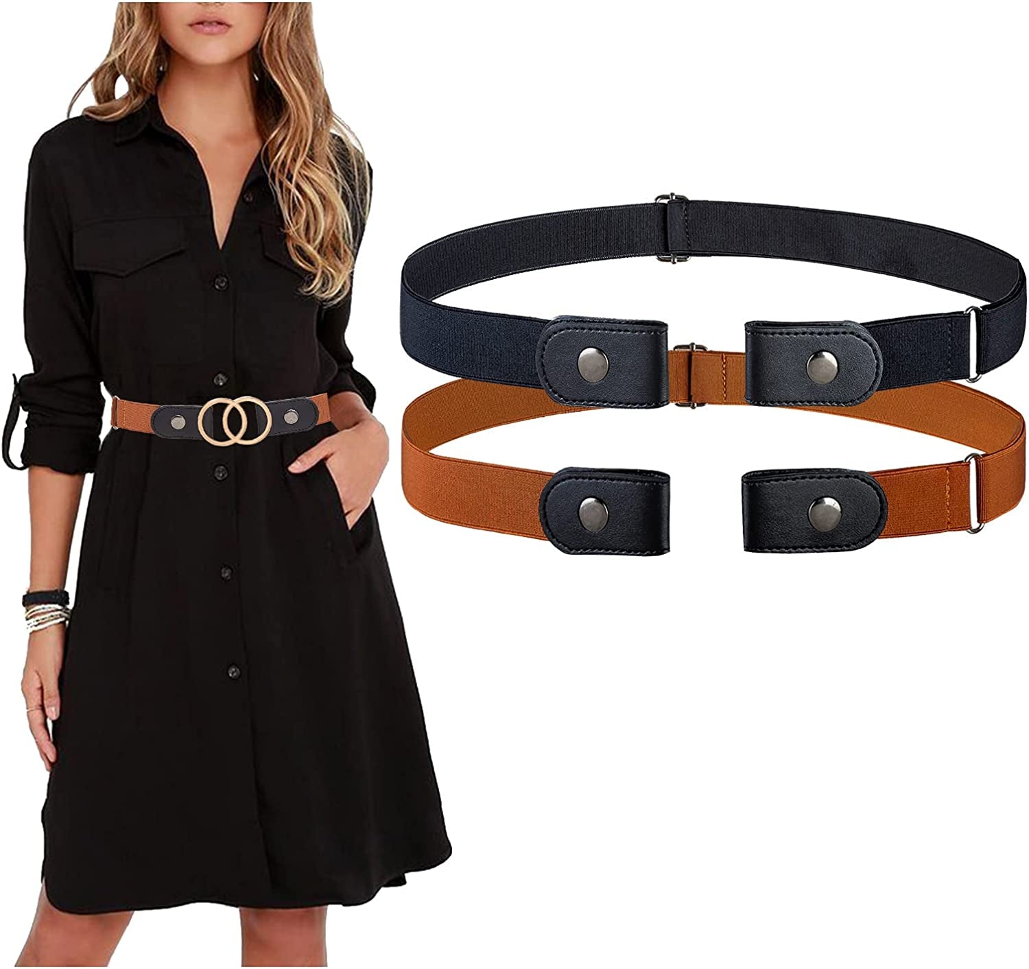 MSTOKIN No Buckle Stretch Belt Invisible Elastic Buckleless Belts for Jeans Double O Ring Belt for Waist Dress Pack of 4,2 Apparel & Accessories > Clothing Accessories > Belts MSTOKIN Black/Coffee