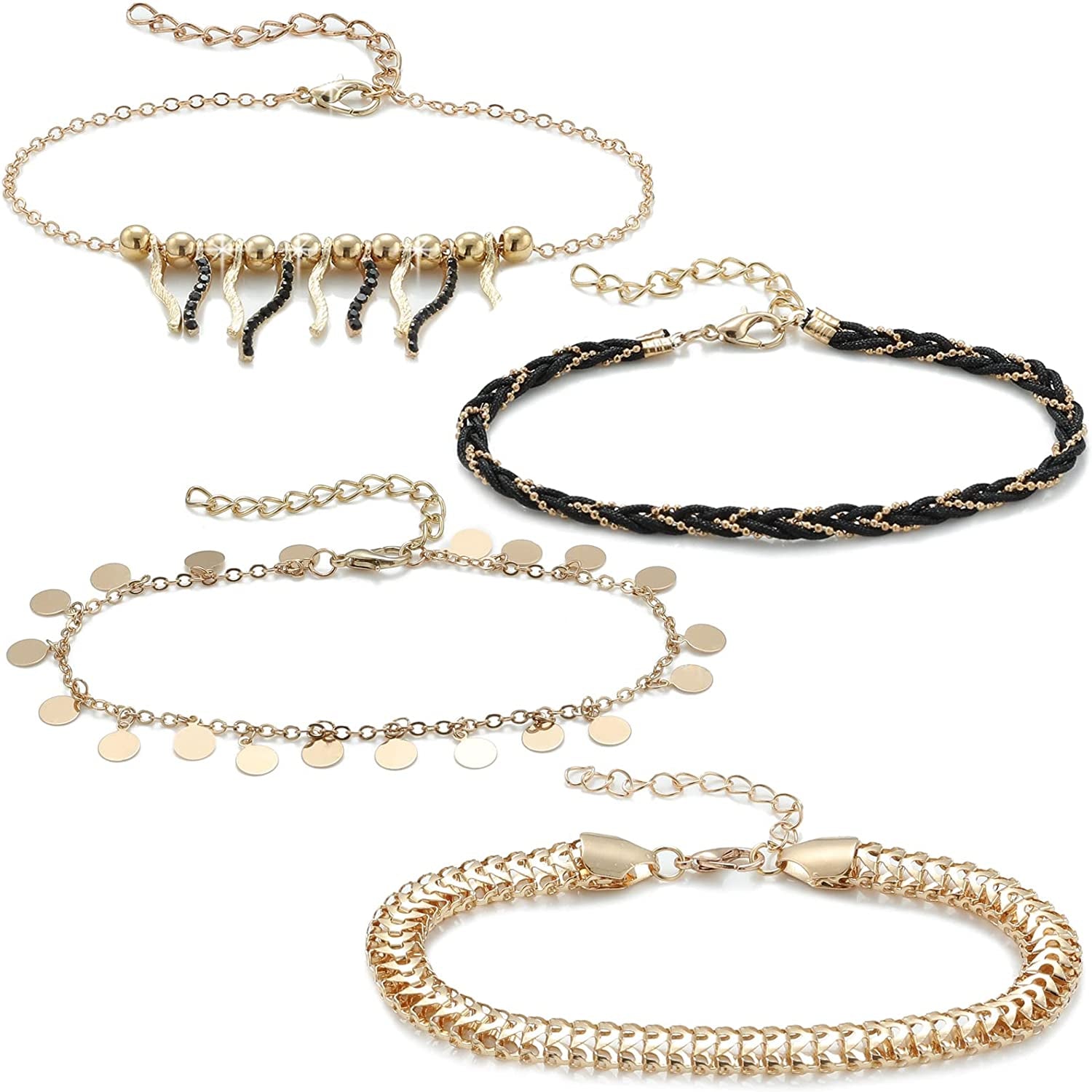 Met-Edianger 4 Pcs Women Anklets 18K Gold Bracelets Layered Anklets Set Cubic Zirconia Beach Foot Jewelry Apparel & Accessories > Jewelry > Anklets met-edianger Gold Disc Anklet