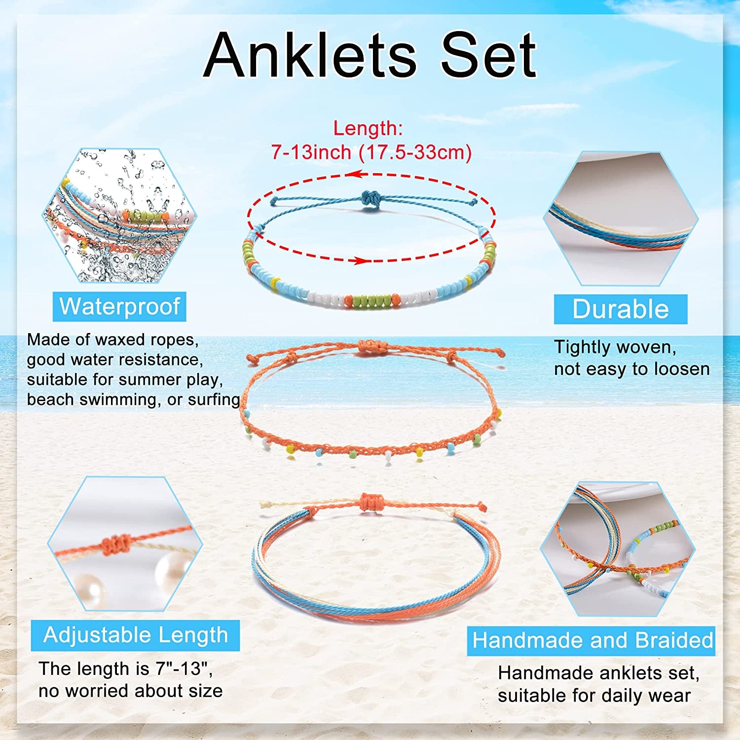 Tarsus Waterproof Adjustable Boho Ankle Bracelets Set Braided String Hawaii Anklets Jewelry Gifts for Women Teen Girls Apparel & Accessories > Jewelry > Anklets R&H Jewelry
