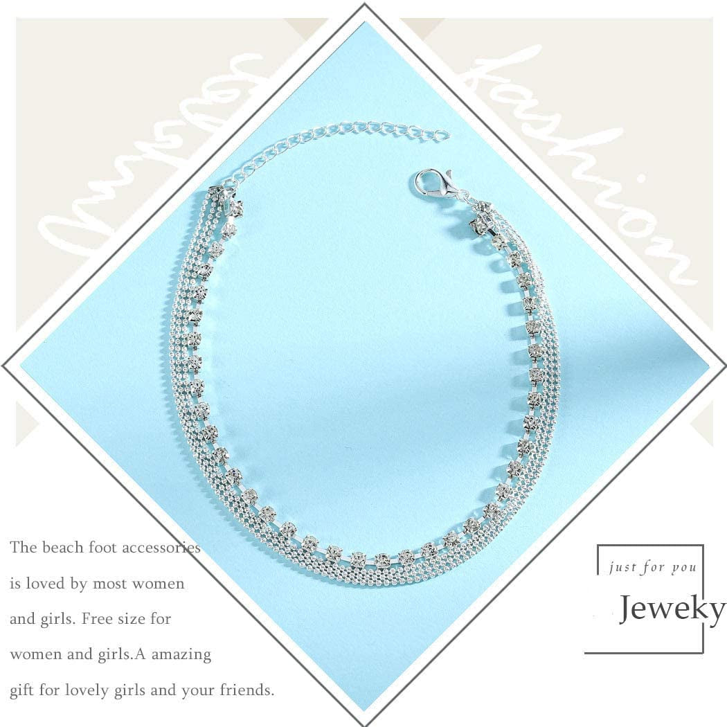 Jeweky Boho Layered Crystal Anklets Silver Rhinestone Ankle Bracelets Chain Beach Foot Jewelry for Women and Girls Apparel & Accessories > Jewelry > Anklets Jeweky
