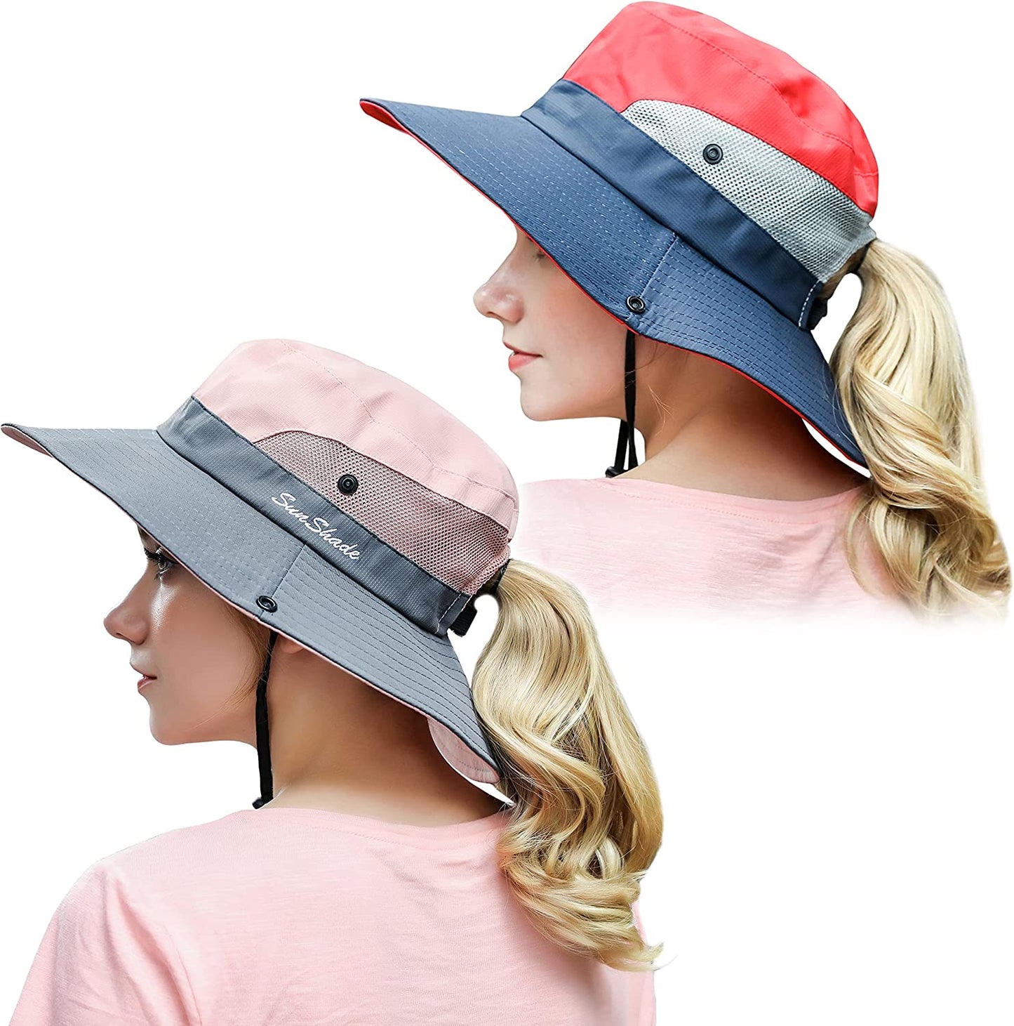 Muryobao 2 Pack Women Ponytail Summer Sun Hat UV Protection Wide Brim Foldable Safari Fishing Cap Apparel & Accessories > Clothing Accessories > Hats Muryobao 2 Pack - Red & Pink
