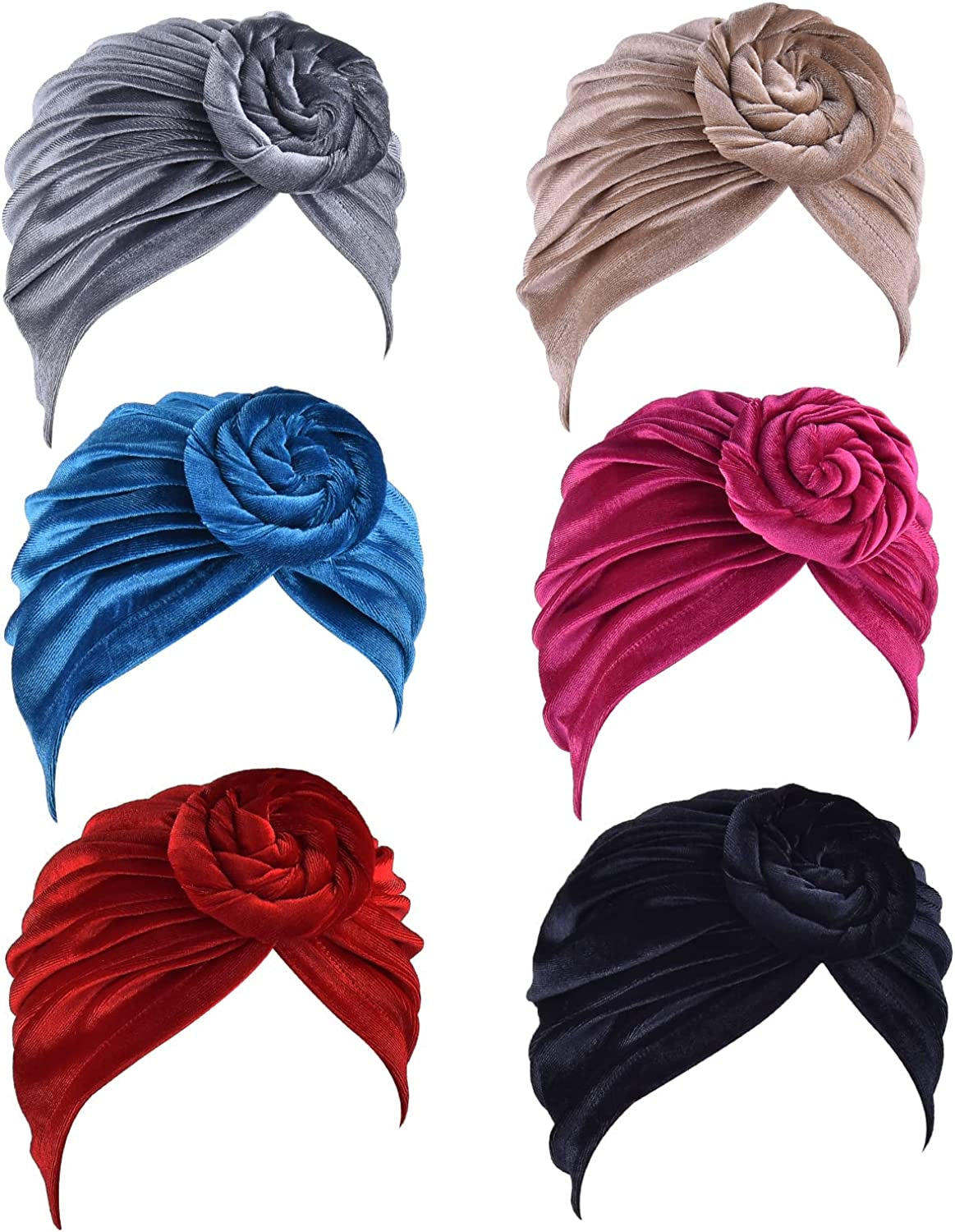 WKJHO 6 Pieces Women Turban Hat African Flower Knot Pre-Tied Bonnet Beanie Cap Headwrap for Girls Apparel & Accessories > Clothing Accessories > Headwear Generic 6 Colors /Gray Brown Red Blue Black Rose Red