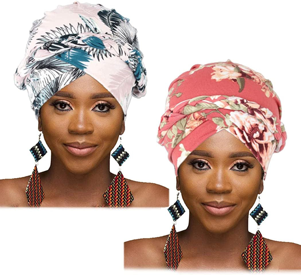 Woeoe African Head Wraps Stretch Braid Chemo Hat Cap Print Pre-Tied Head Turbans Headwear for Women and Girls Apparel & Accessories > Clothing Accessories > Headwear Woeoe Pink