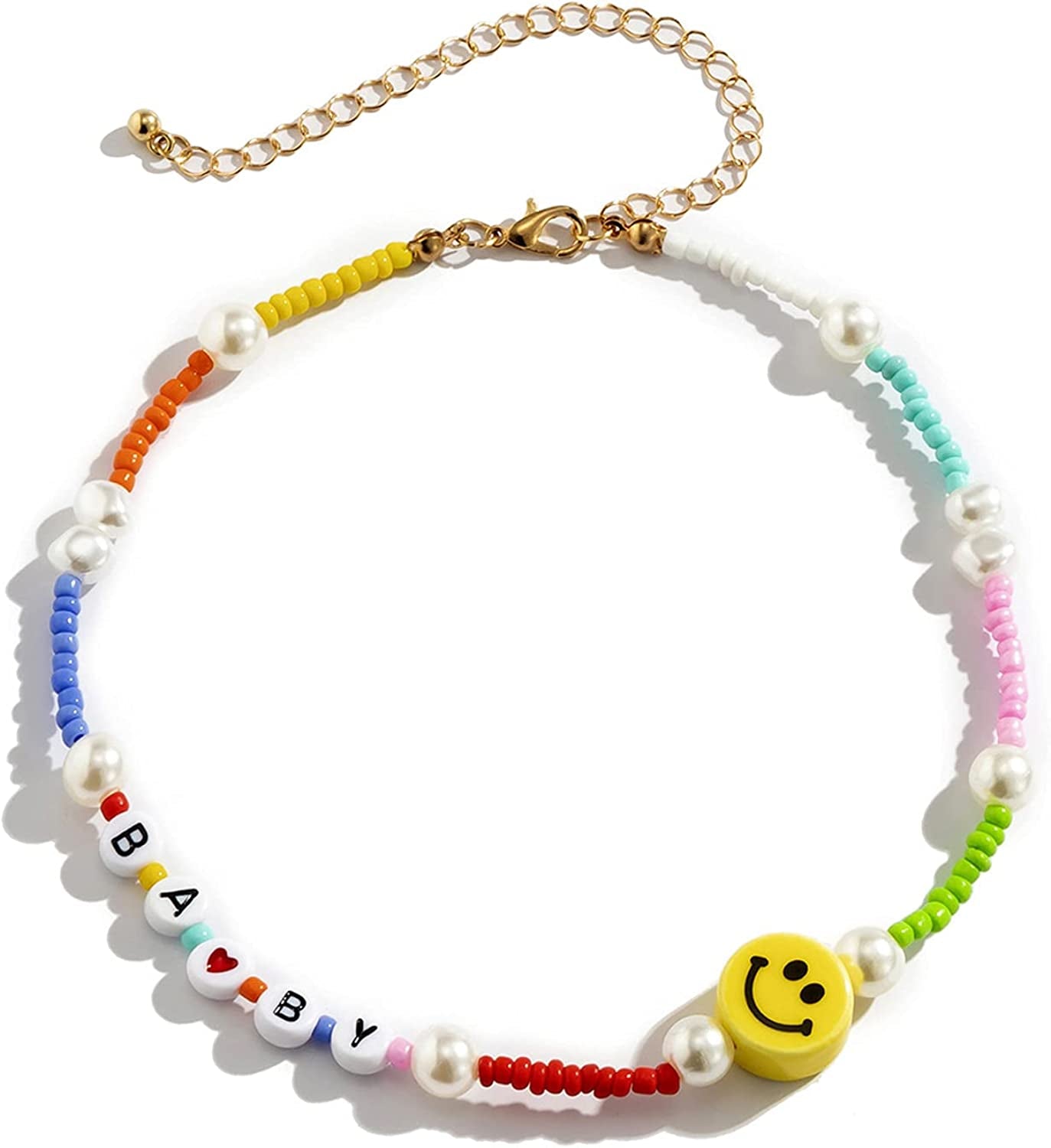 Boho Smiley Layered Beaded Necklaces with Strand Bracelet, Smile Face Star Fruits Flowers Heart Shape Beads Pearl Stackable Collar Necklace Anklet for Women Girls Vsco Summer Beach Trip Apparel & Accessories > Jewelry > Anklets Bincon E BABY