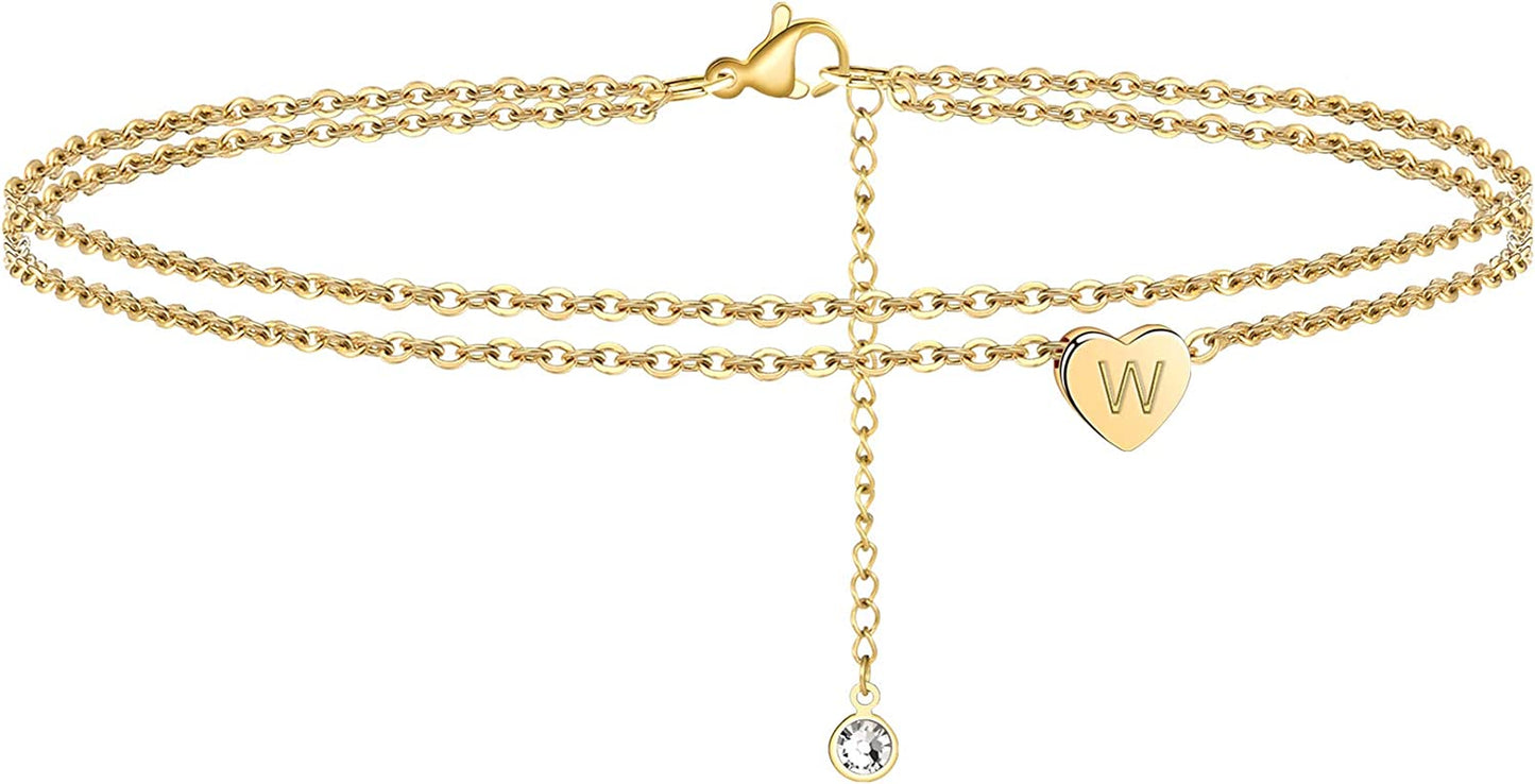 Turandoss Heart Initial Ankle Bracelets for Women, 14K Gold Filled Handmade Dainty Layered Anklet Letter Initial Heart Ankle Bracelets for Women Beach Jewelry Gifts Apparel & Accessories > Jewelry > Anklets Turandoss W