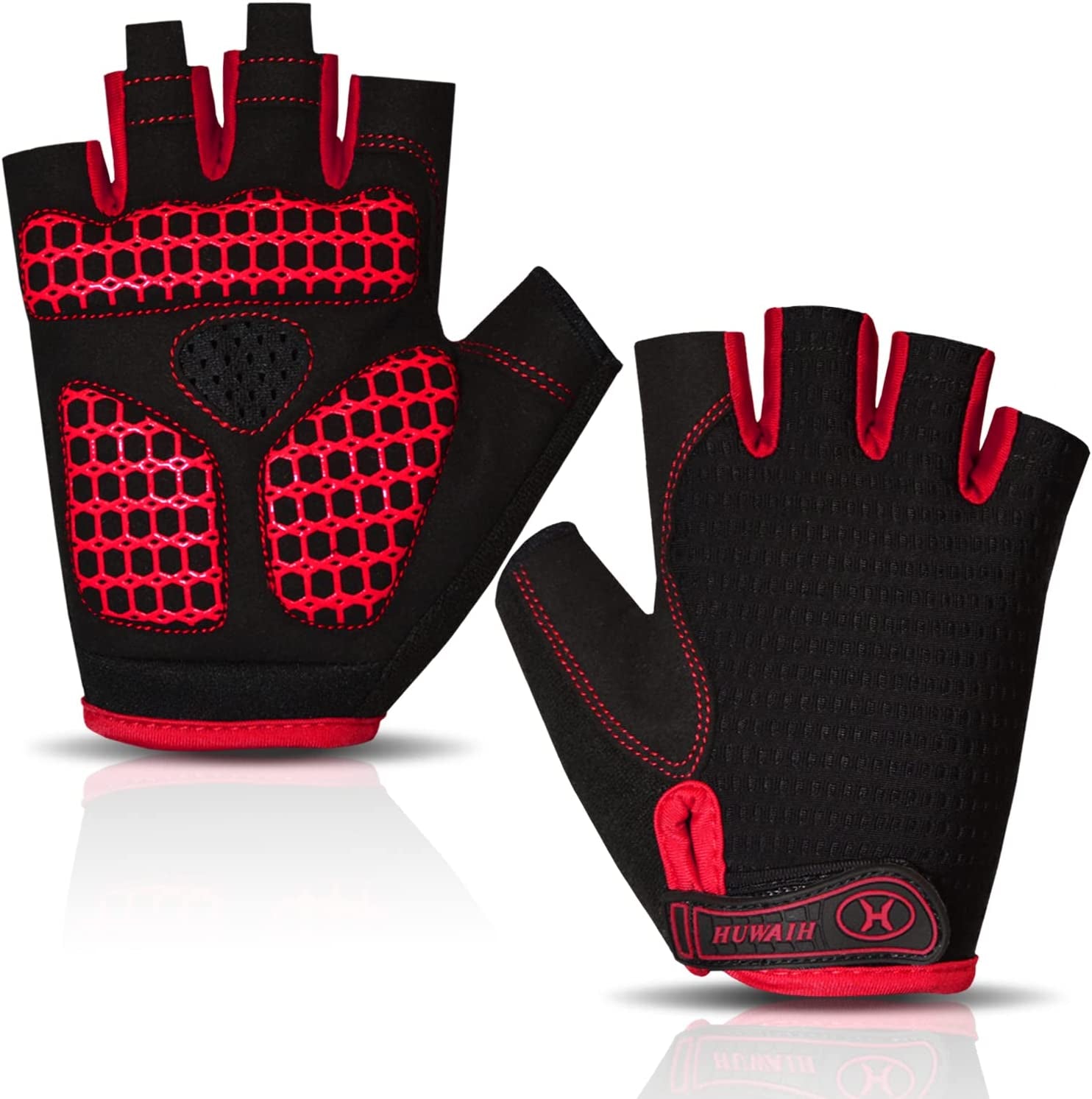 Huwaih Cycling Gloves for Men/Women anti Slip Shock Absorbing Biking Gloves Half Finger Gel Pad Bicycle Gloves Breathable Bike Gloves Apparel & Accessories > Clothing Accessories > Gloves & Mittens HuwaiH Red L (Palm Width: 3.55"-3.74")
