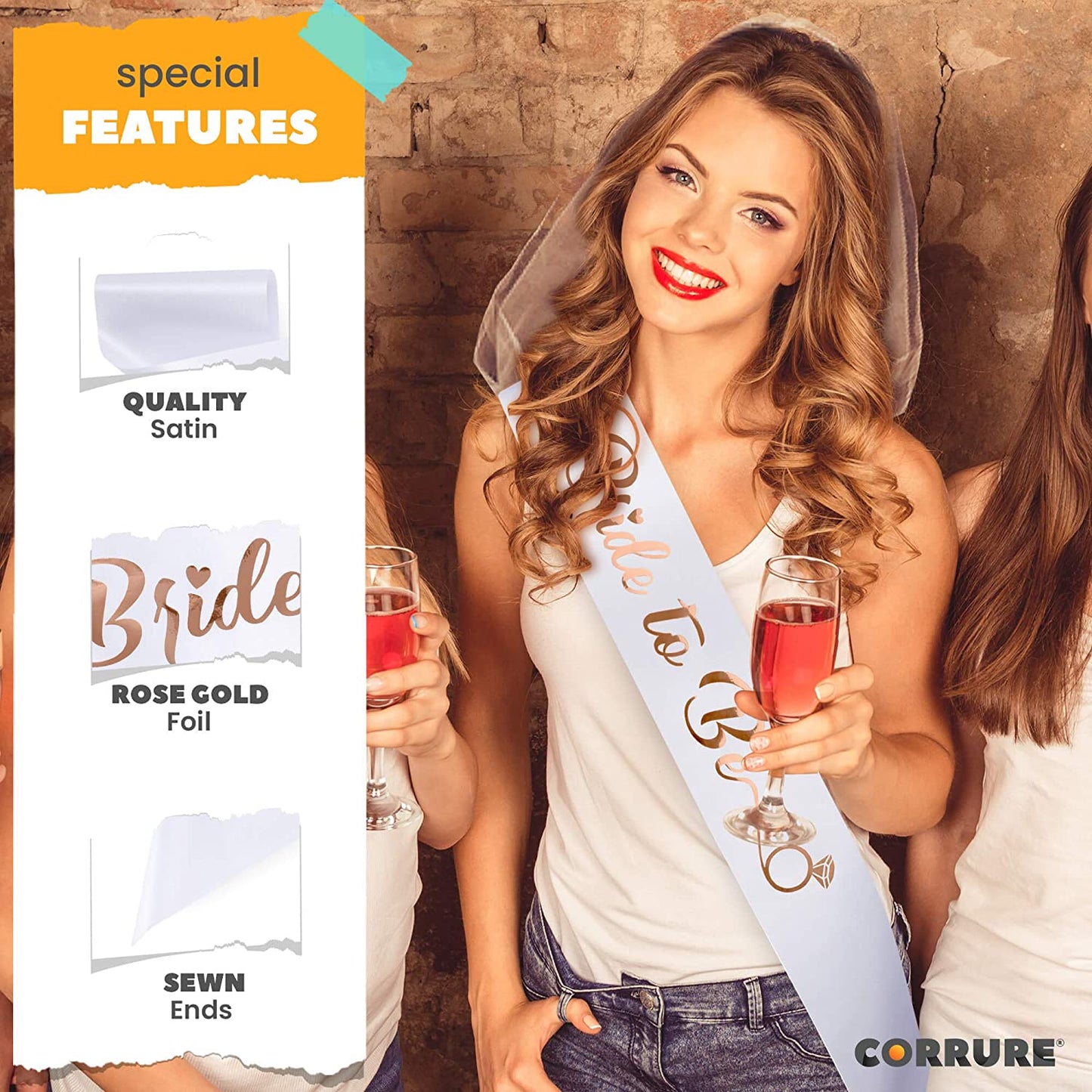 CORRURE 'Bride to Be' Bachelorette Party Sash - Bridal Shower White Satin Sash with Rose Gold Foil Lettering - Hen Party Decorations Supplies Accessories, Wedding Engagement Party Favors Gift Apparel & Accessories > Clothing Accessories > Sashes CORRURE
