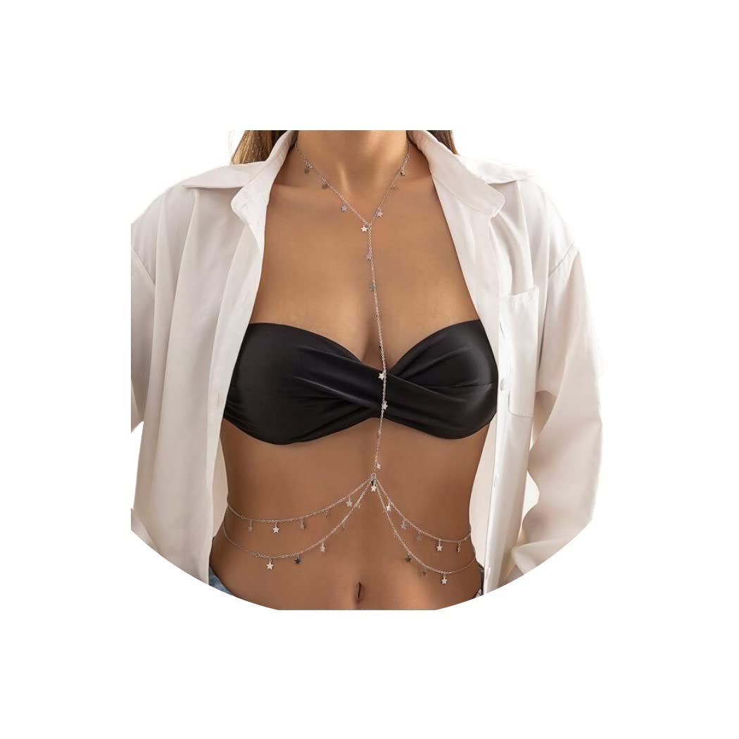 Bounzhi Gold Sexy Body Chain Crossover Thin Bra Bikini Rhinestone Crystal Waist Belly Body Chains Beach Body Necklace Jewelry for Women, Free Size (B-100) Apparel & Accessories > Jewelry > Body Jewelry Bounzhi Silver-1194