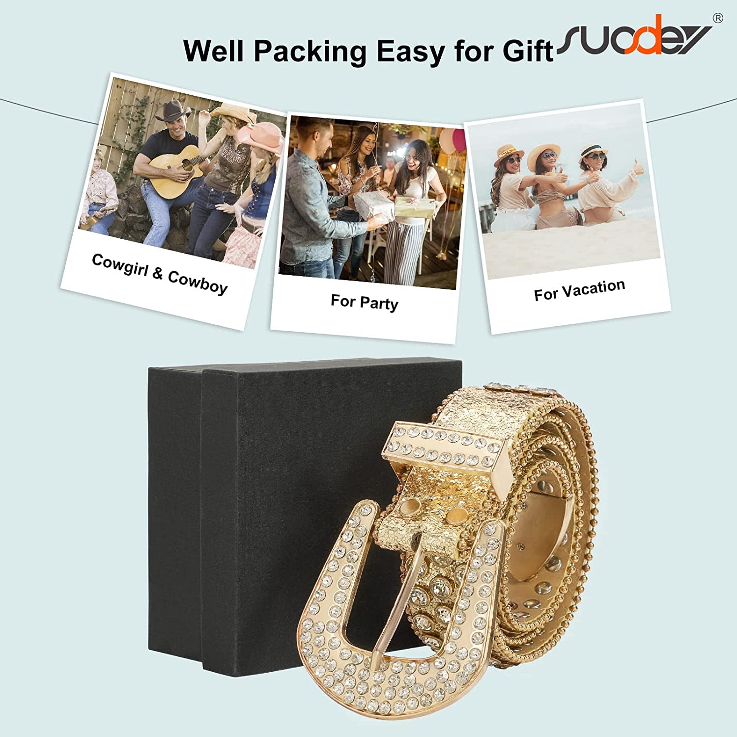 Men Women Fashion Rhinestone Belt SUOSDEY Western Cowgirl Bling Studded Design Leather Diamond Belt for Jeans Dress Apparel & Accessories > Clothing Accessories > Belts SUOSDEY