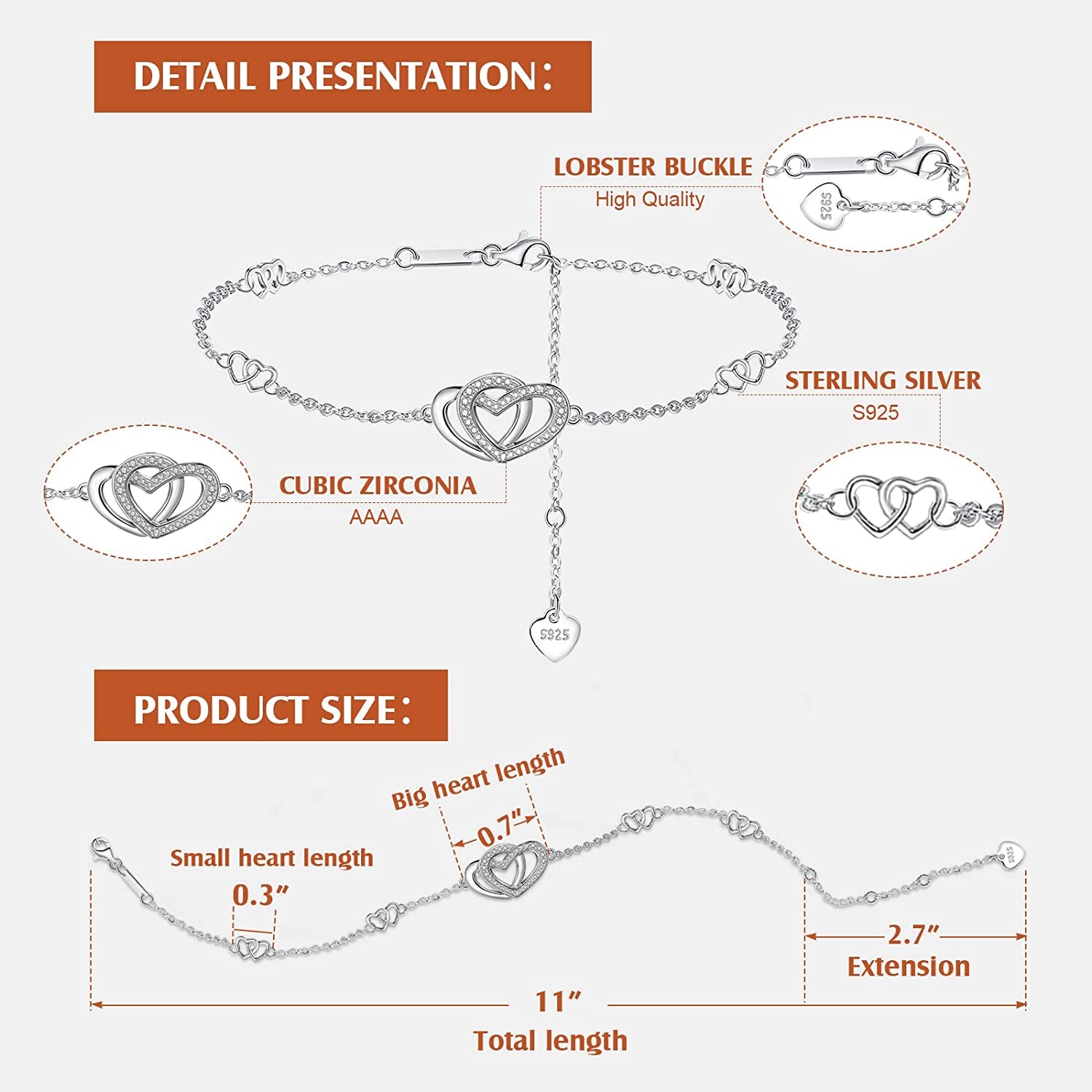 Sterling Silver Heart Love Anklets for Women , Birthday Mothers Day Jewelry Gifts for Mom Wife from Daughter Husband Apparel & Accessories > Jewelry > Anklets Desimtion