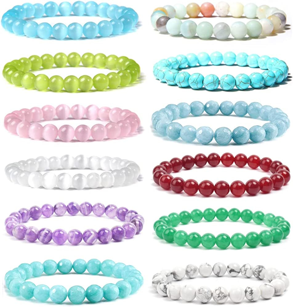 FINZOR 12 Pcs 8Mm Gemstones Beaded Bracelets for Women Men Stone Bead Healing Stretch round Bead Crystal Semi-Precious Bracelets Unisex Apparel & Accessories > Jewelry > Bracelets FINZOR