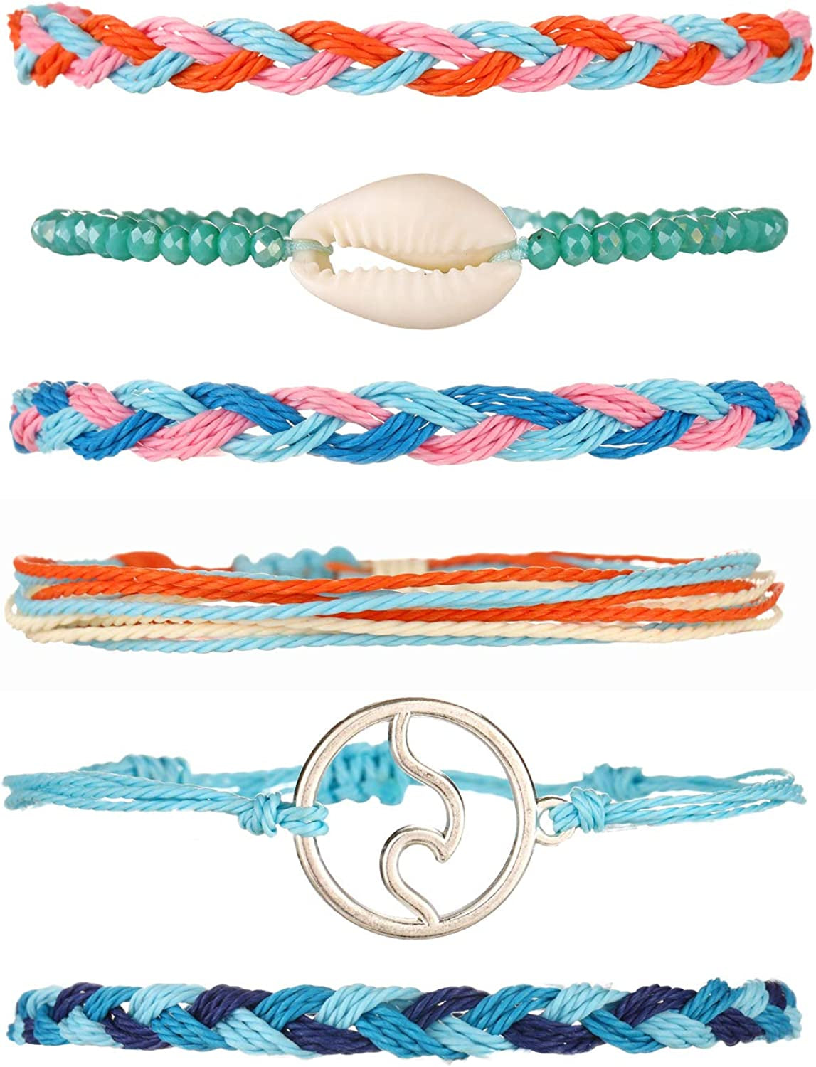Softones VSCO String Wave Bracelets for Women Girls Handmade Colorful Waterproof Adjustable Braided Beach Bracelet Set for Women Apparel & Accessories > Jewelry > Bracelets Softones A:6Pcs Shell Wave