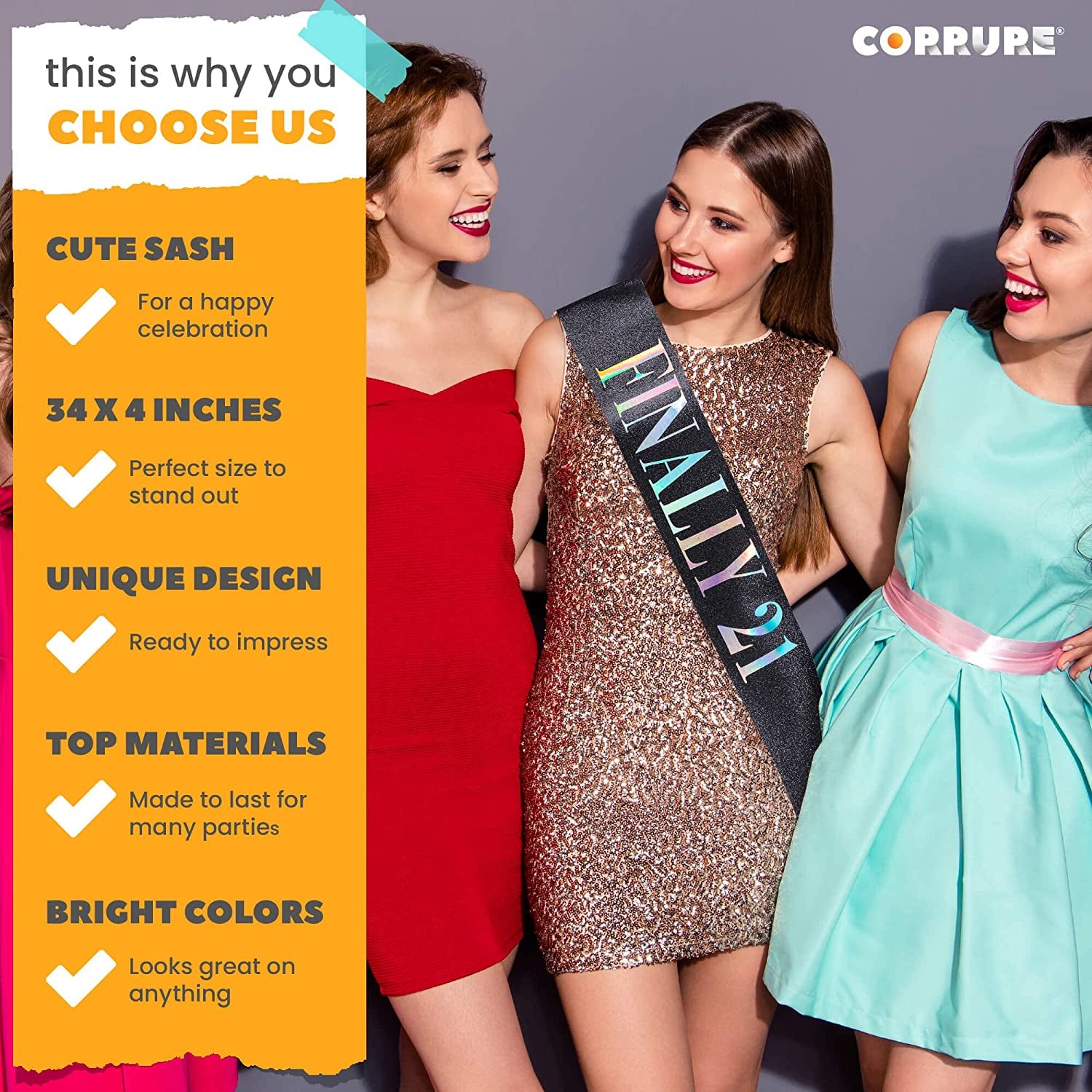 CORRURE 'Finally 21' Birthday Sash with Glitter -Black Sash with Multicolor Foil 21St Birthday Sash for Men and Women-Ideal Twenty One Sash Party Favors Supplies and Decorations for Your 21 Bday Party Apparel & Accessories > Clothing Accessories > Sashes CORRURE