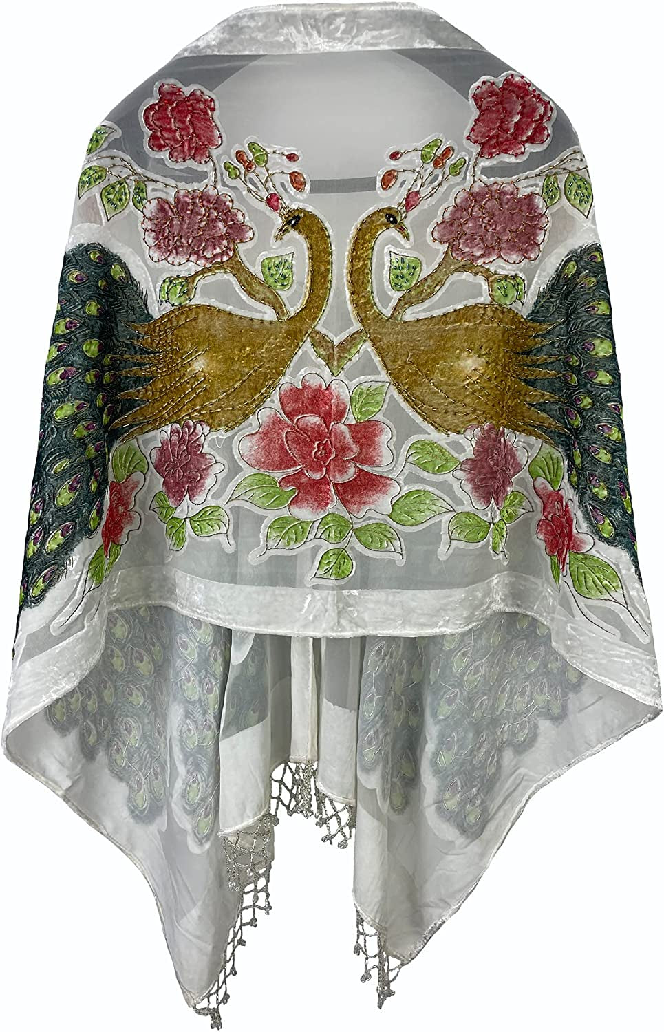 Peacock Velvet Shawl with Fringe Beaded Shawl for Women Peacock Scarf Handmade Beading Indian Wraps for Women with Tassel Apparel & Accessories > Clothing Accessories > Scarves & Shawls DQSSYTTX White