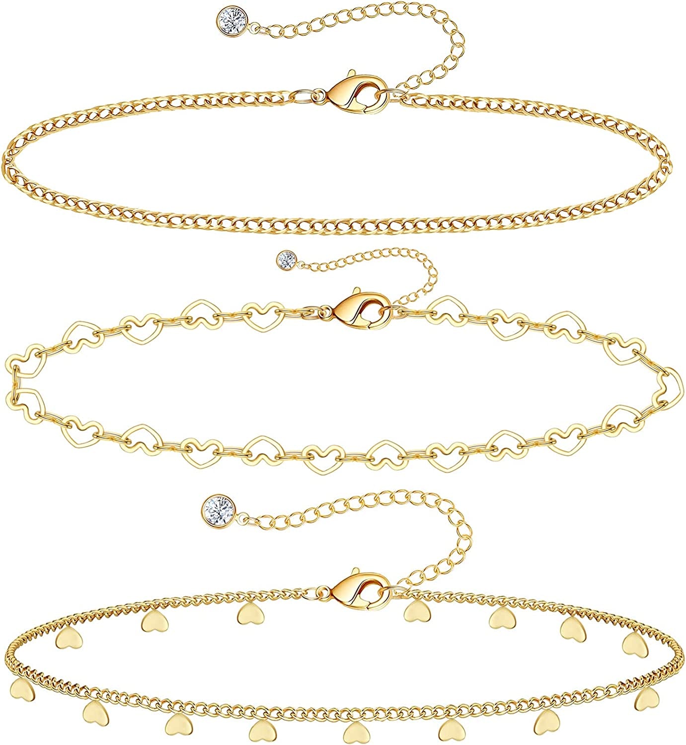 Gold Ankle Bracelets for Women 14K Gold Plated Anklet Silver Rose Gold Evil Eye Tennis Crystal Cubic Zirconia Faux Diamond Rhinestone Anklet Dainty Layered Anklet Set 3Pcs Apparel & Accessories > Jewelry > Anklets Vermeyen P-Yellow Gold-Heart