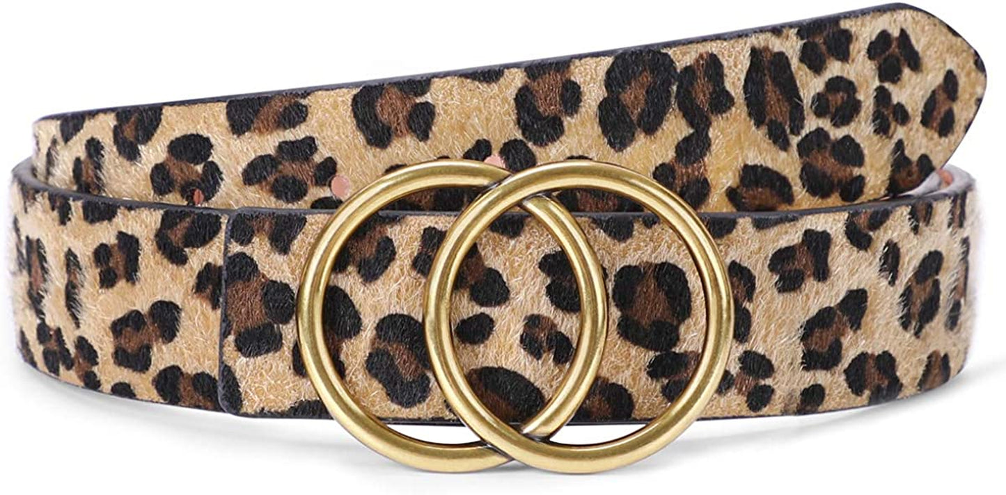 Women Leather Belt Fashion Double O-Ring Soft Faux Leather Waist Belts for Jeans Dress Apparel & Accessories > Clothing Accessories > Belts SUOSDEY A-leopard Print/Bronze Removable Buckle S: 22''-26'' Waist Size