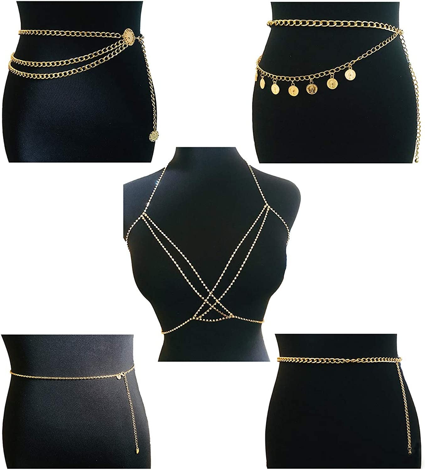 Tornito 5-6Pcs Boho Multilayer Coins Waist Chain Butterfly Sunflower Disc Golden Waist Belt Tassel Chest Sexy Body Belly Chain Double O Ring Summer Beach Bikini Bra Chain Adjustable Body Harness for Women Girls Apparel & Accessories > Jewelry > Body Jewelry Tornito A:5 Pcs