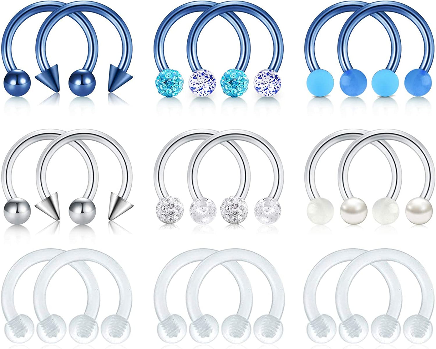 Mayhoop 16G Surgical Steel Horseshoe Nose Septum Rings Piercing Jewelry Cartilage Helix Tragus Earring Hoop Lip Horseshoe Piercing Retainer for Women Men 6Mm 8Mm 10Mm Apparel & Accessories > Jewelry > Rings Mayhoop 5-1#18Pcs-Blue&Silver&Clear-10mm(3/8")