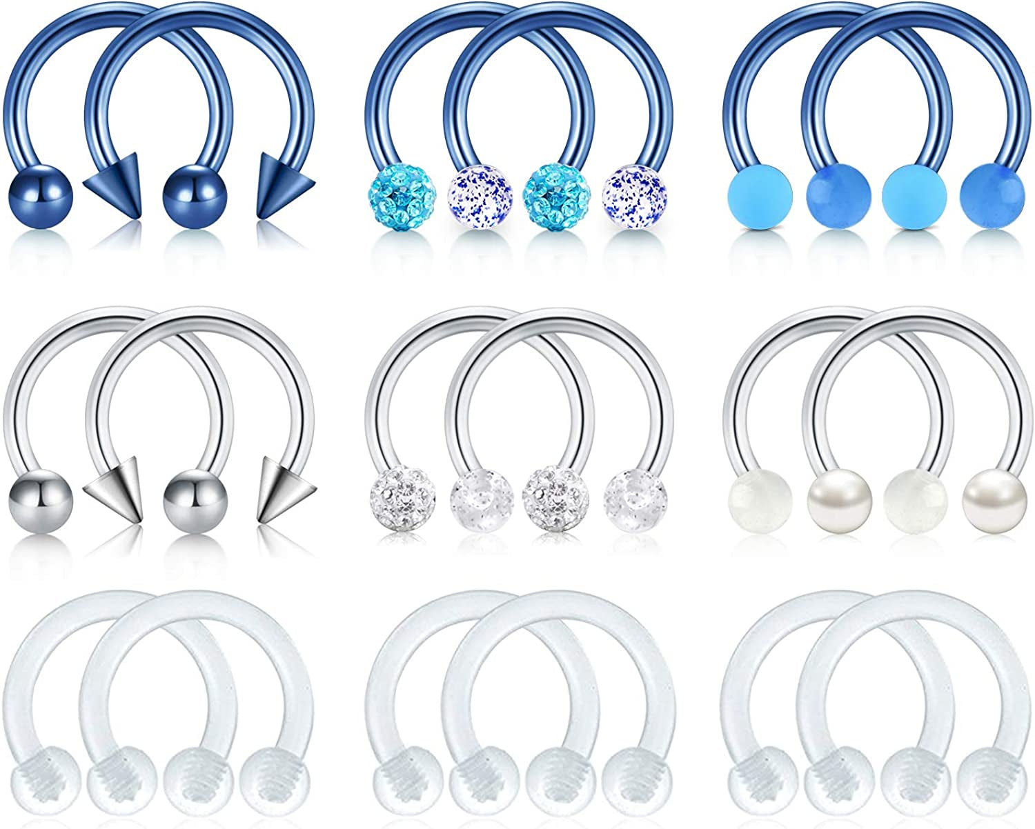 Mayhoop 16G Surgical Steel Horseshoe Nose Septum Rings Piercing Jewelry Cartilage Helix Tragus Earring Hoop Lip Horseshoe Piercing Retainer for Women Men 6Mm 8Mm 10Mm Apparel & Accessories > Jewelry > Rings Mayhoop 5-1#18Pcs-Blue&Silver&Clear-10mm(3/8")