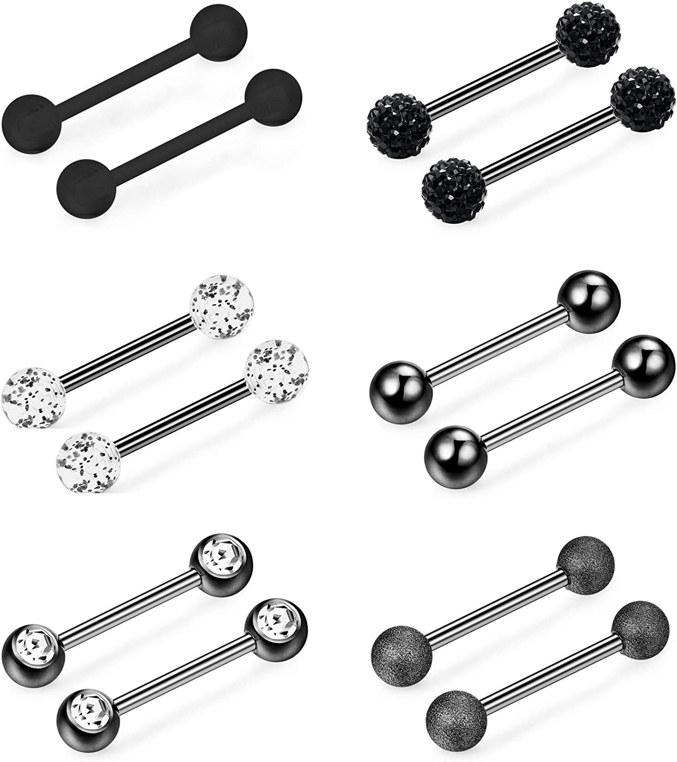 FINREZIO 14G 12-18Mm Stainless Steel Nipple Tongue Ring Barbell Nipplerings Body Piercing Jewelry 12Pcs Apparel & Accessories > Jewelry > Body Jewelry FINREZIO 14G Black tone 16 Millimeters