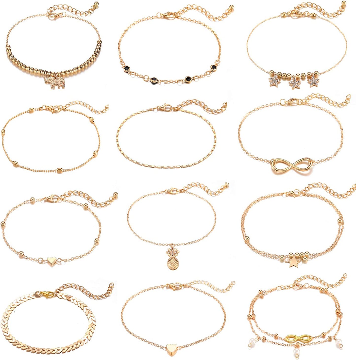 Starain 12Pcs Women'S Charm Anklet Set Gold Multilayer Adjustable Ankle Bracelets Boho Beach Foot Anklet for Women Girls Apparel & Accessories > Jewelry > Anklets Starain 12Pcs Gold Anklets