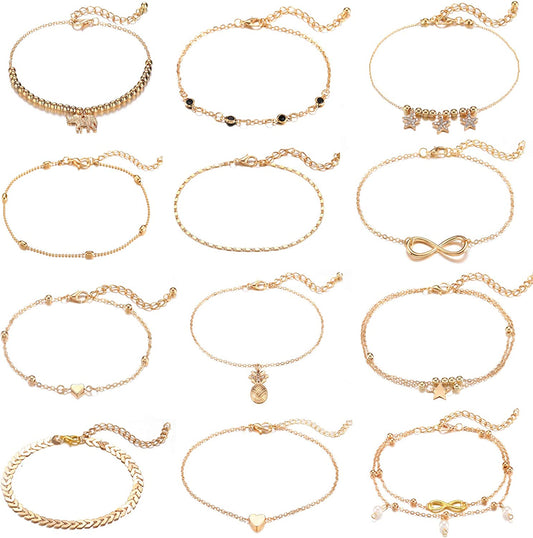 Starain 12Pcs Women'S Charm Anklet Set Gold Multilayer Adjustable Ankle Bracelets Boho Beach Foot Anklet for Women Girls Apparel & Accessories > Jewelry > Anklets Starain 12Pcs Gold Anklets