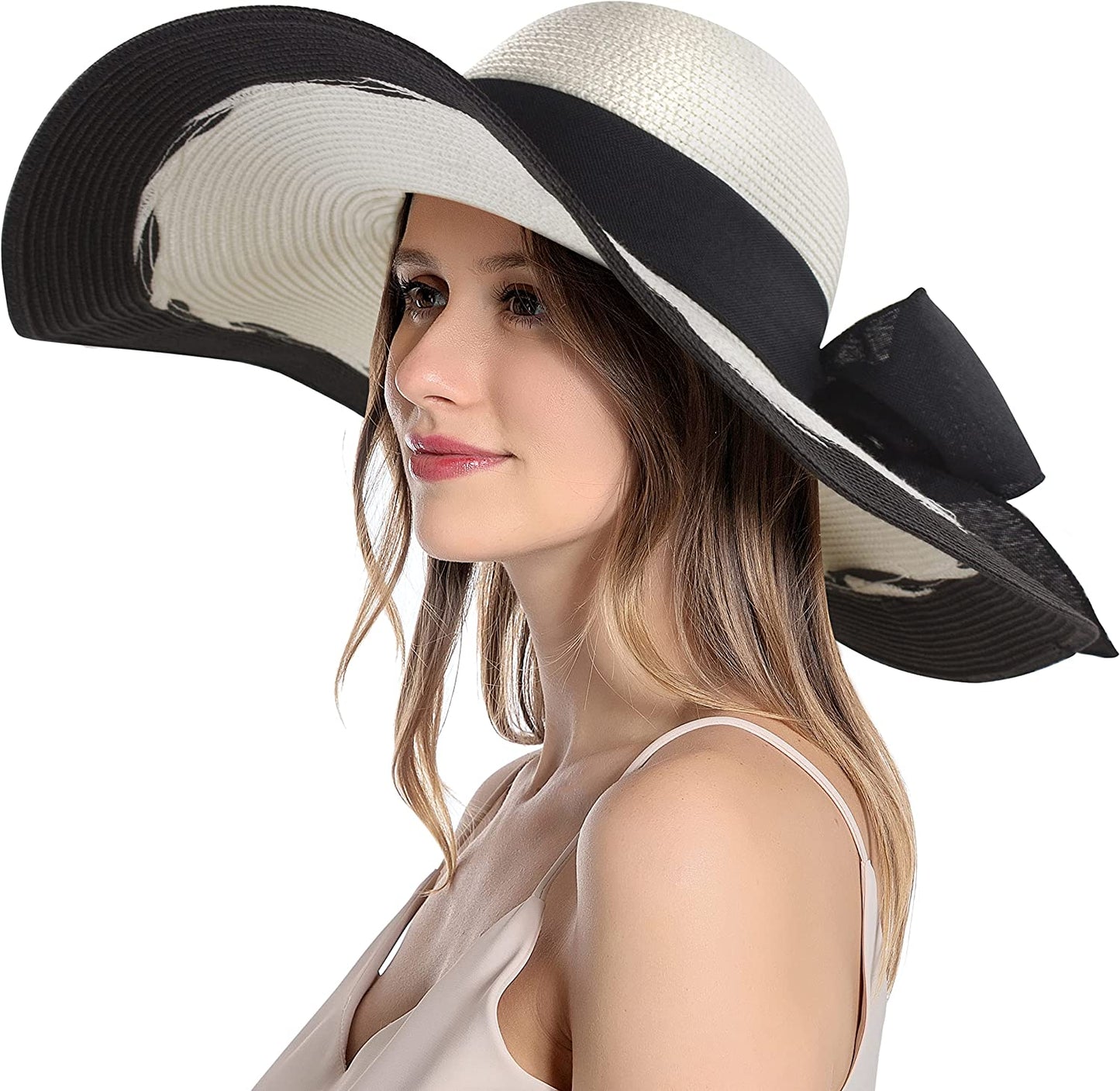 Muryobao Womens Sun Straw Hat Wide Brim UV UPF 50 Summer Hat Foldable Roll up Floppy Beach Cap for Women Apparel & Accessories > Clothing Accessories > Hats Muryobao Black White Mix