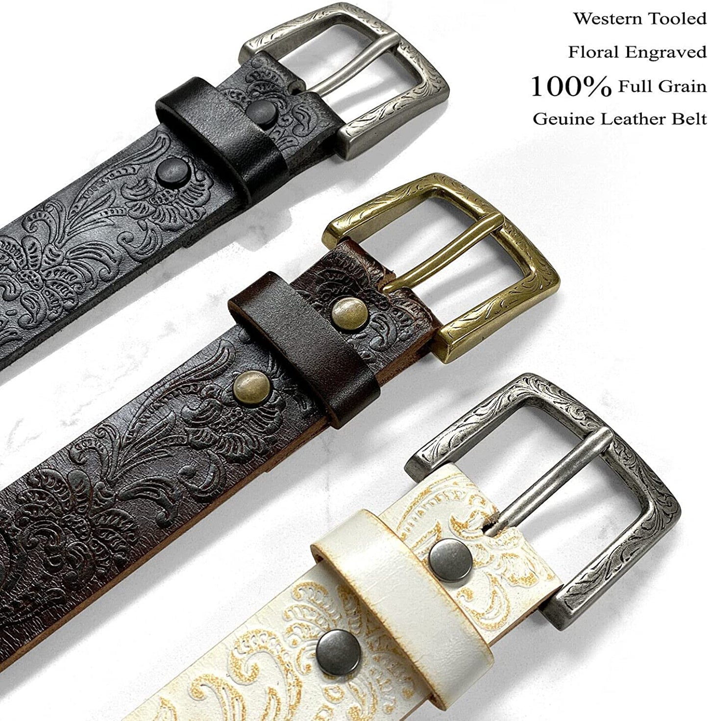 Cowboy Cowgirl Western Tooled Floral Embossed Full Grain Genuine Leather Belt Strap 1-1/2"(38Mm) Wide Apparel & Accessories > Clothing Accessories > Belts Belts.com