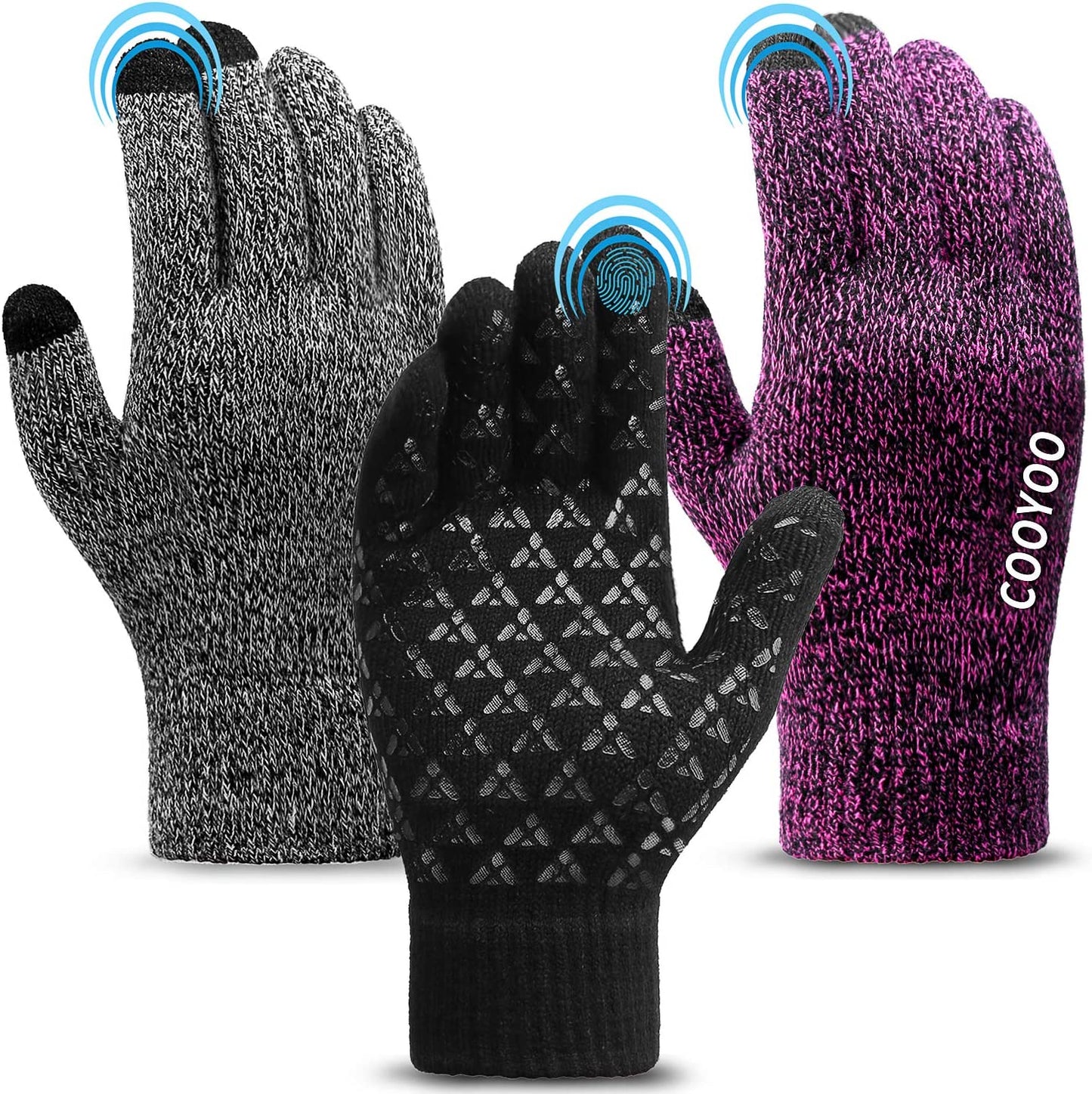 Winter Gloves for Women and Men 1/2/3 Pairs,Upgraded Touch Screen Gloves,Anti-Slip Silicone Gel- Thermal Soft Wool Lining Apparel & Accessories > Clothing Accessories > Gloves & Mittens COOYOO 10-3 Pairs(black/Grey/Rose Red) Medium