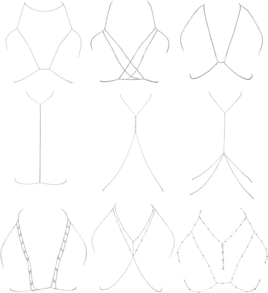 NICEIGHT 9PCS Body Chain for Women Sexy Bikini Bra Chain Necklace Belly Waist Chain for Summer Beach Length Adjustable Apparel & Accessories > Jewelry > Body Jewelry NICEIGHT Silver-tone