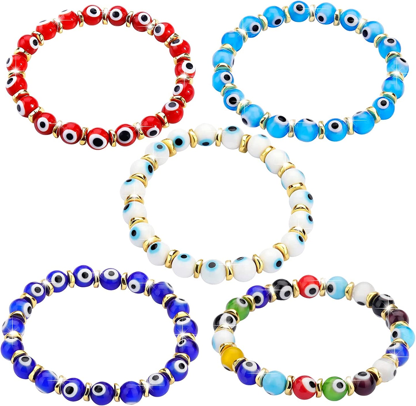 JUVJEW Evil Eye Bracelets for Women Protect 8Mm Ojo Glass Beaded Protection Stretch Braclet Jewelry Apparel & Accessories > Jewelry > Bracelets JUVJEW 5pcs-Gold