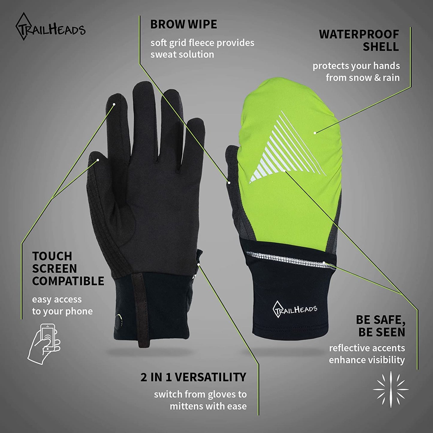 Trailheads Men'S Touchscreen Gloves with Reflective Waterproof Mitten Shell - Convertible Running Gloves Apparel & Accessories > Clothing Accessories > Gloves & Mittens TrailHeads