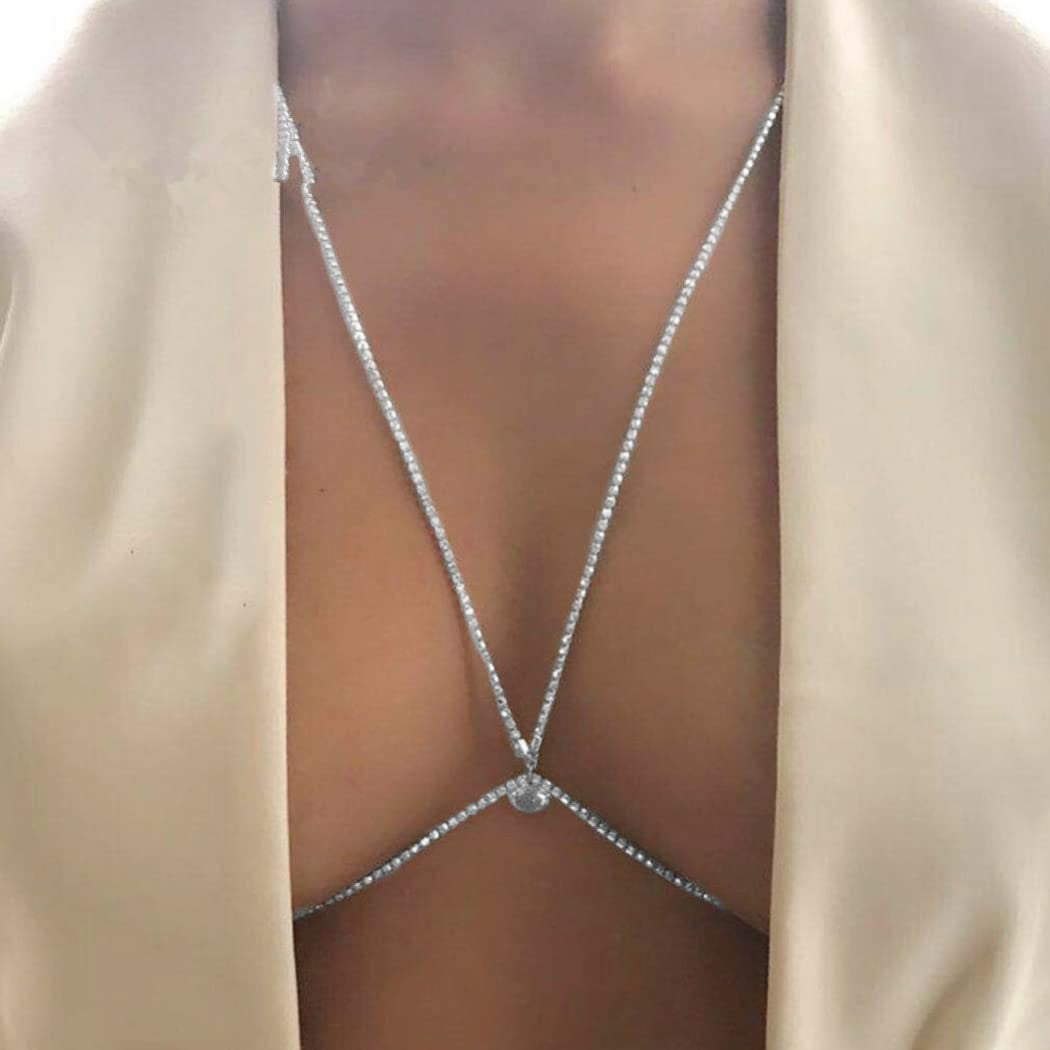 Asooll Crystal Body Chain Rhinestone Chest Chain Bikini Bra Jewelry Fashion Beach Prom Rave Body Accessories Jewelry for Women and Girls (Silver) Apparel & Accessories > Jewelry > Body Jewelry Asooll