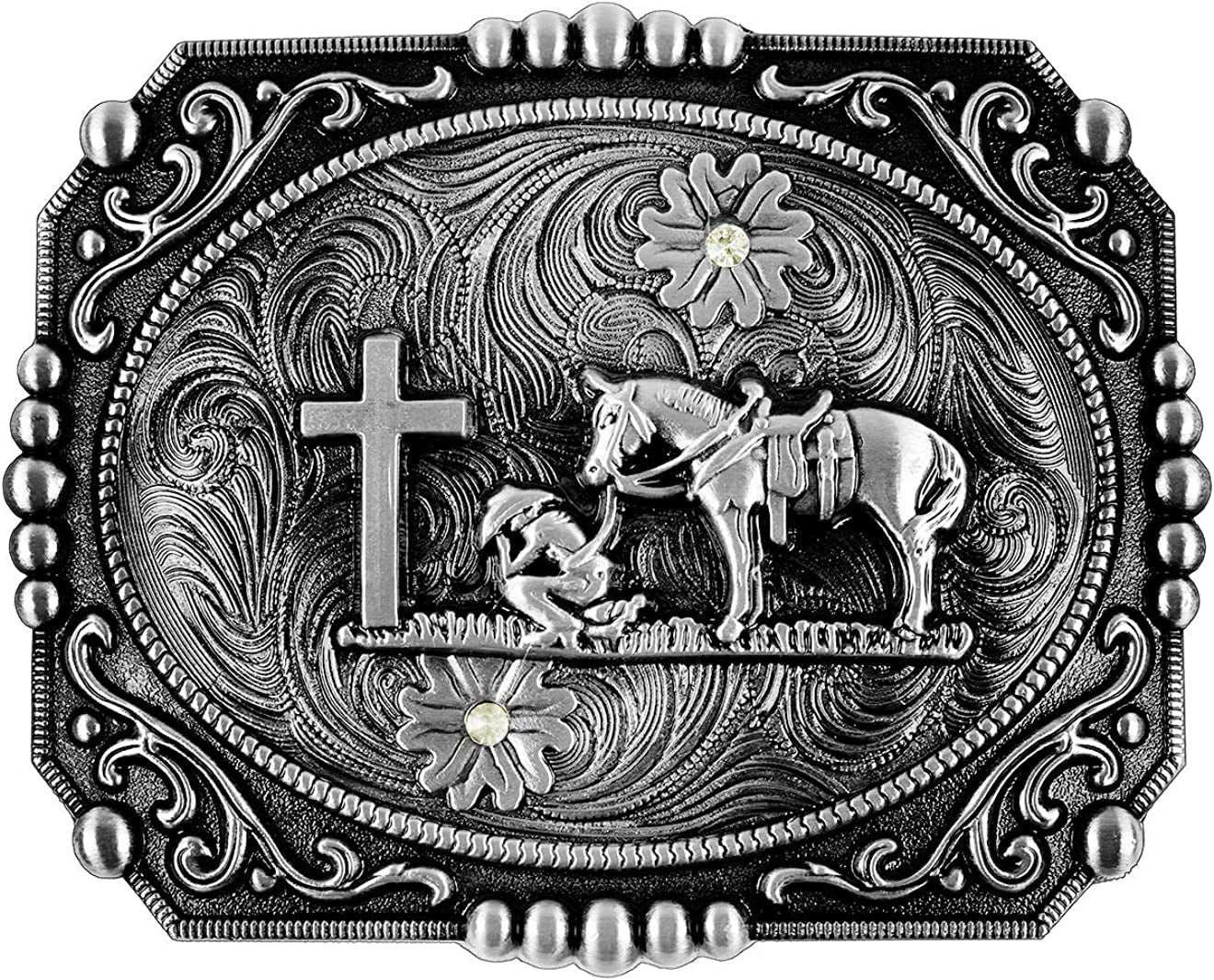 Moranse Religion Cross Cowboy Kneeling Prayer and Horse Design Belt Buckles Apparel & Accessories > Clothing Accessories > Belt Buckles Moranse Square Silver