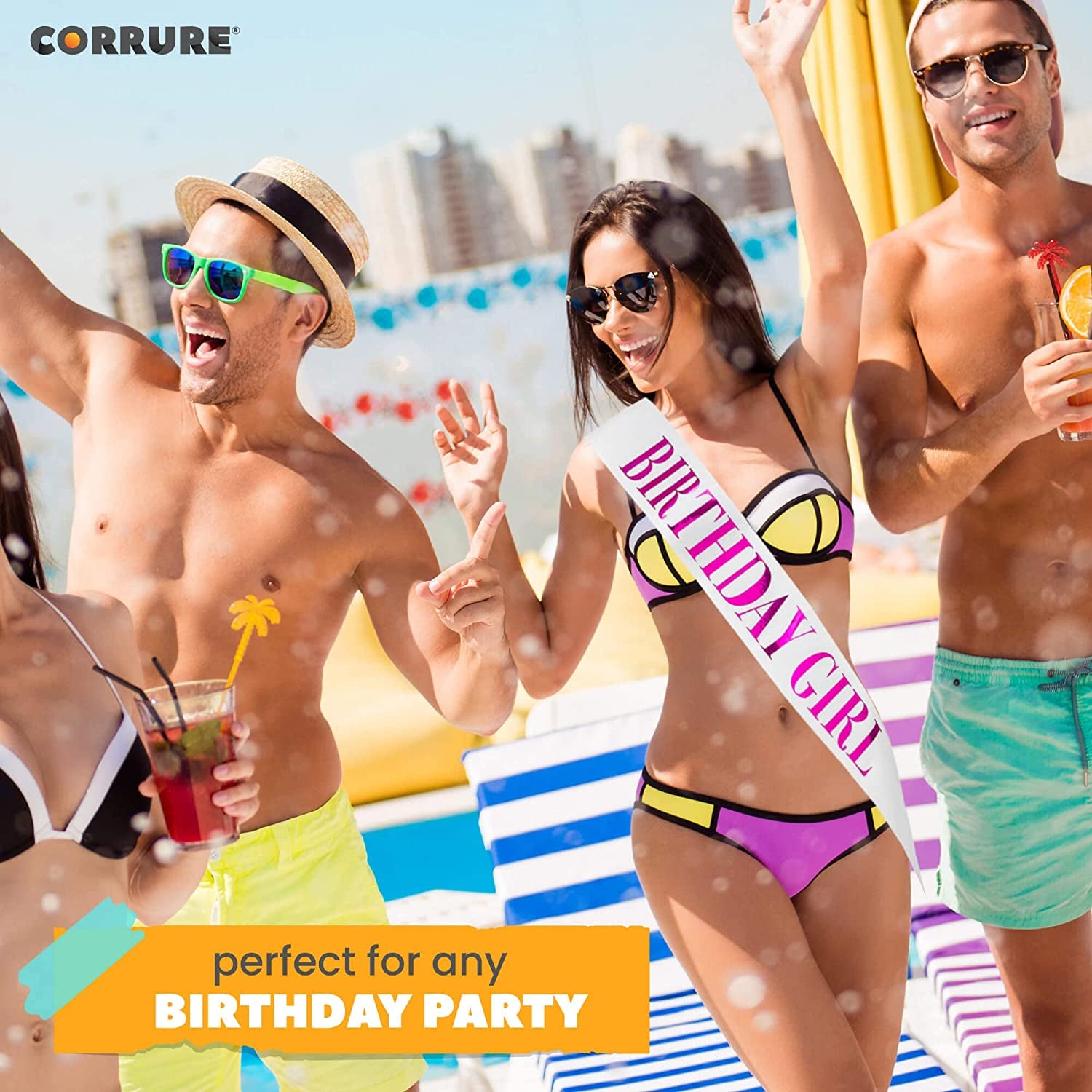 CORRURE 'Birthday Girl' Sash Glitter with Pink Foil - White Glitter Happy Birthday Sash for Women - Party Favors Supplies and Decorations for Sweet 16, 18Th 21St 30Th 40Th or Any Bday Party Apparel & Accessories > Clothing Accessories > Sashes CORRURE