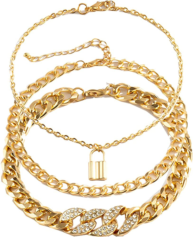 Kelistom Cuban Link Rhinestone Tennis Anklet Set for Women Teen Girls, 18K Gold or White Gold Plated Chain Ankle Bracelets for Women with Extension Apparel & Accessories > Jewelry > Anklets kelistom 2-gold-lock