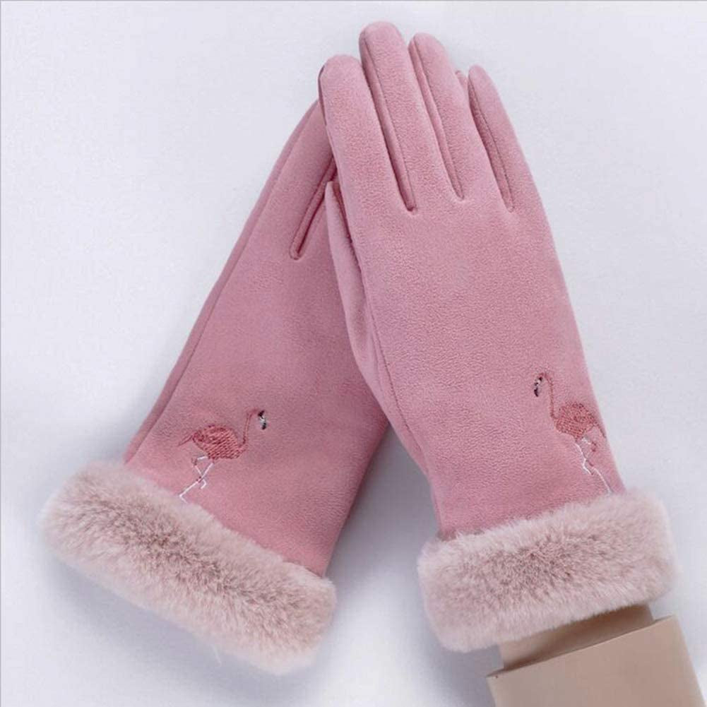 Winter Faux Chamois Suede Gloves for Women Fashion Touch Screen Warm Gloves Womens Chamois Mittens with Flamingo Embroidery Apparel & Accessories > Clothing Accessories > Gloves & Mittens Ahyapiner