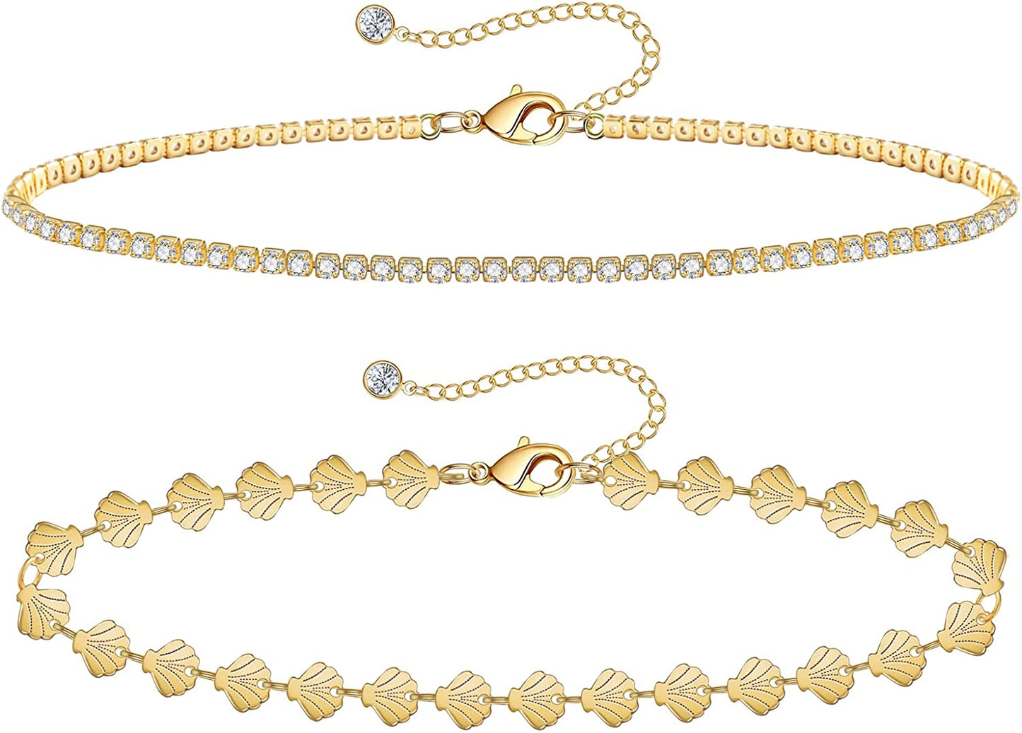Gold Ankle Bracelets for Women 14K Gold Plated Anklet Silver Tennis Rose Quartz Cross Bead Herringbone Snake Paperclip Chain Cubic Zirconia Dainty Layered Anklet Set 3Pcs Apparel & Accessories > Jewelry > Anklets WeSparking S-Yellow Gold-Shell Chain