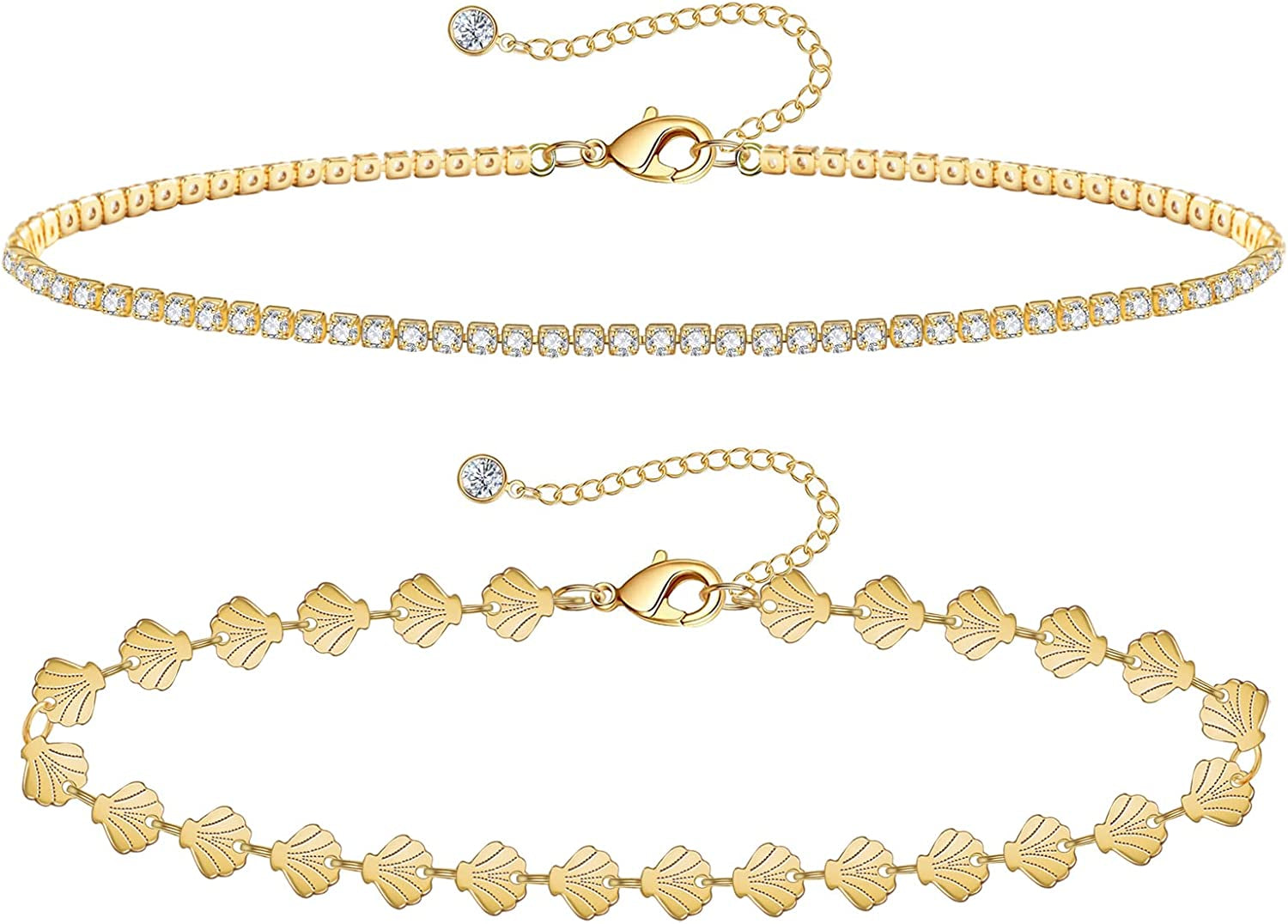 Gold Ankle Bracelets for Women 14K Gold Plated Anklet Silver Tennis Rose Quartz Cross Bead Herringbone Snake Paperclip Chain Cubic Zirconia Dainty Layered Anklet Set 3Pcs Apparel & Accessories > Jewelry > Anklets WeSparking S-Yellow Gold-Shell Chain