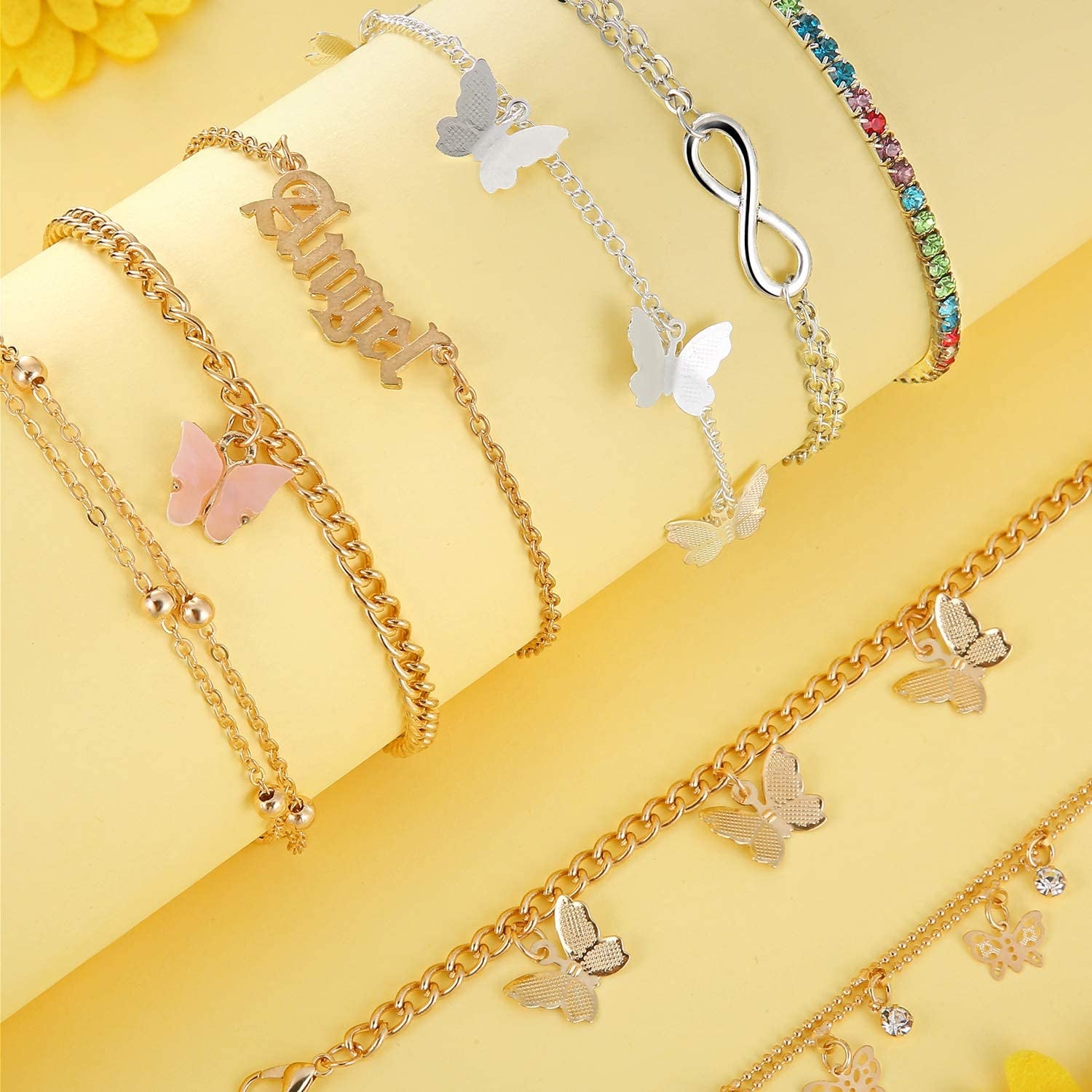 Hicarer 8 Pieces Anklets for Women Cute Charms Butterfly Ankle Bracelets Colorful Rhinestone Anklets Boho Beach Layered Chain Anklets for Girls Foot Jewelry Apparel & Accessories > Jewelry > Anklets Hicarer