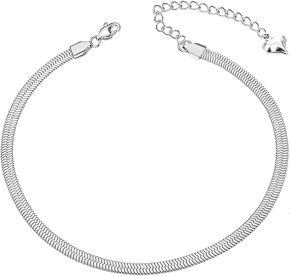 QJLE 18K Gold Plated Flat Snake Chain Link Dainty Ankle Bracelets for Women, Boho Cute Summer Beach Anklet Adjustable Foot Jewelry Apparel & Accessories > Jewelry > Anklets QJLE 3mm Silver