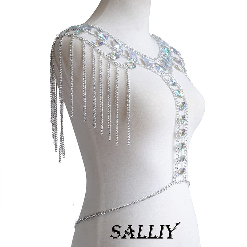 Salliy Boho Rhinestone Bikini Chain Set Silver Sexy Sequins Mesh Body Chains Summer Bra Body Jewelry for Women and Girls (Jacket) Apparel & Accessories > Jewelry > Body Jewelry Salliy