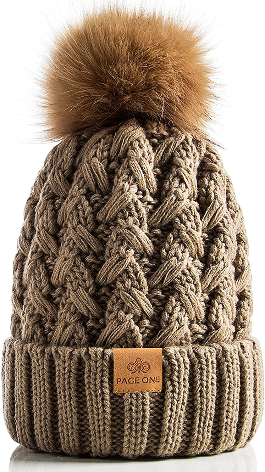 PAGE ONE Womens Winter Ribbed Beanie Crossed Cap Chunky Cable Knit Pompom Soft Warm Hat Apparel & Accessories > Clothing Accessories > Hats PAGE ONE Khaki