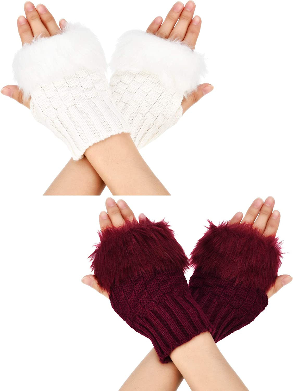 Boao 2 Pairs Fingerless Winter Gloves Short Touchscreen Gloves Thumb Hole Mittens Knitted Warm Gloves with Faux Fur Apparel & Accessories > Clothing Accessories > Gloves & Mittens Boao Wine Red and White