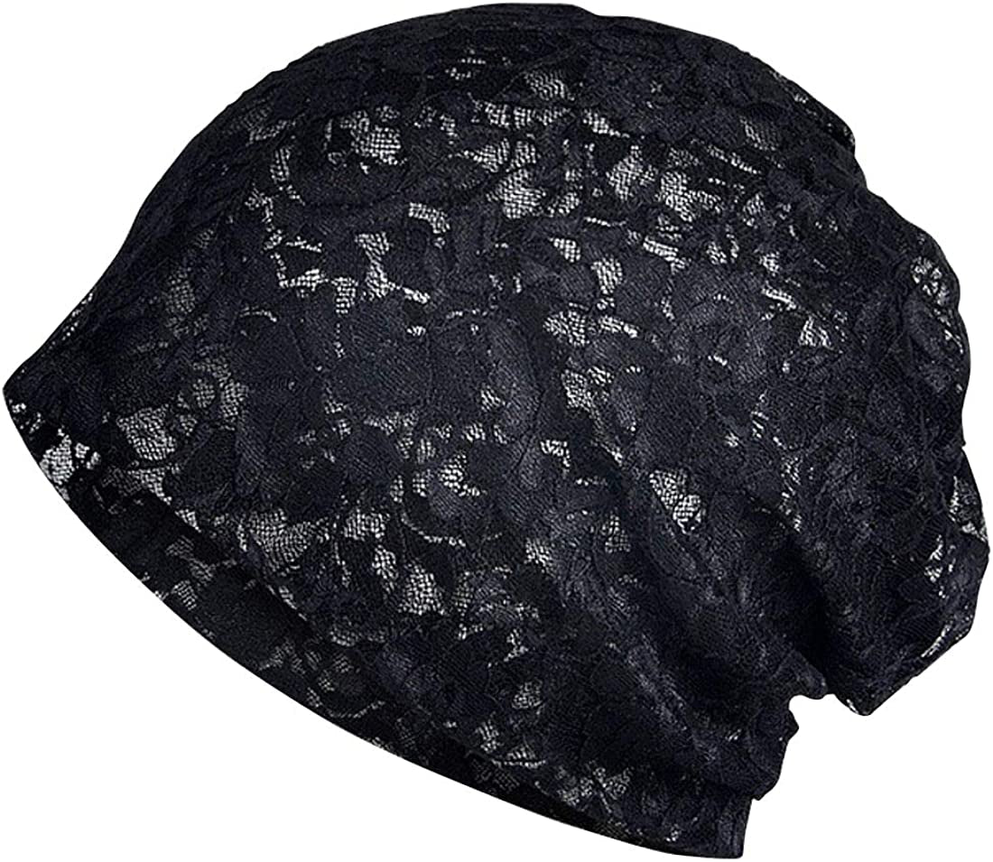 Ebossy Women'S Elegant Floral Lace Slouchy Beanie Summer Hat Headwear Circle Loop Scarf Apparel & Accessories > Clothing Accessories > Headwear ebossy Black
