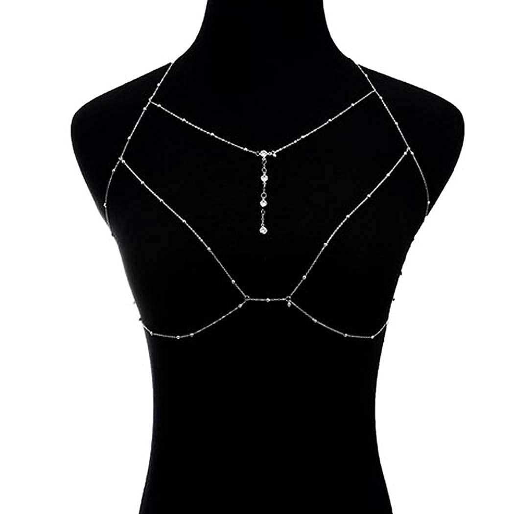 Blindery Sexy Body Chain Rhinestone Silver Chain Bra Layered Body Jewelry Crystal Waist Chain Beaded Body Accessory for Women Apparel & Accessories > Jewelry > Body Jewelry Blindery
