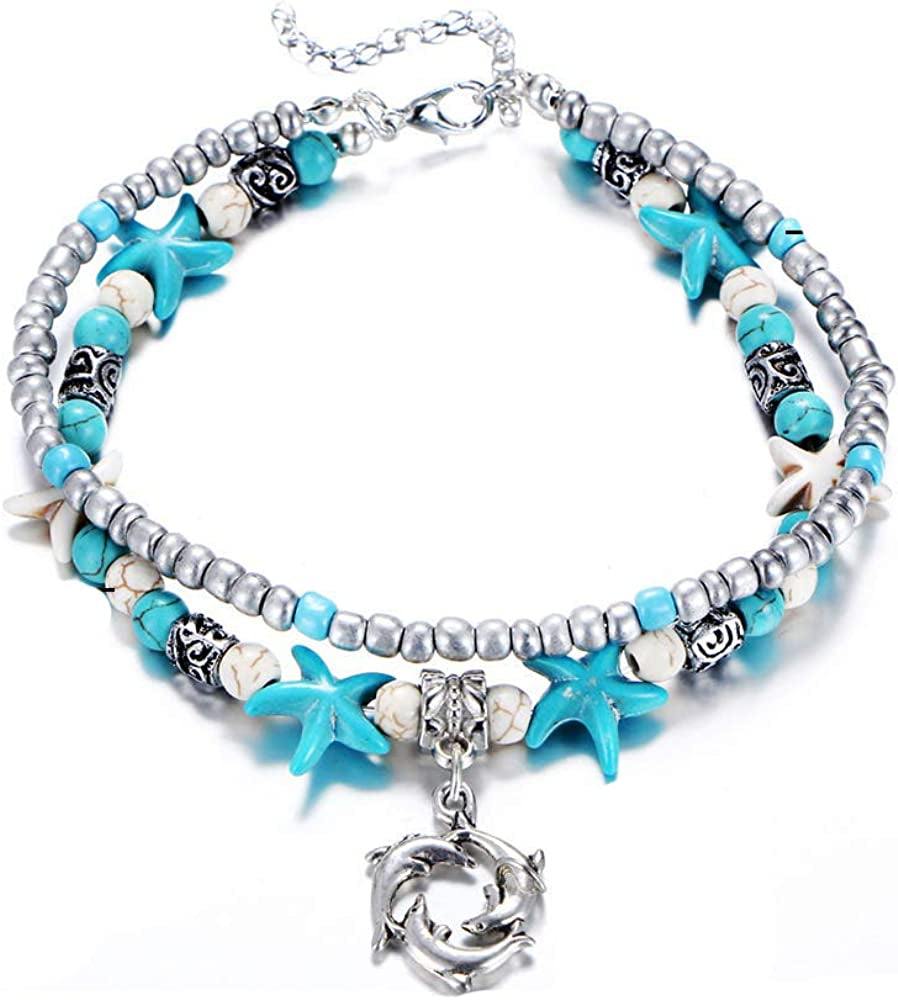 Softones Blue Starfish Turtle Anklet Multilayer Charm Beads Sea Handmade Boho Anklet Foot Jewelry for Women Girl Apparel & Accessories > Jewelry > Anklets Softones C:Dolphin