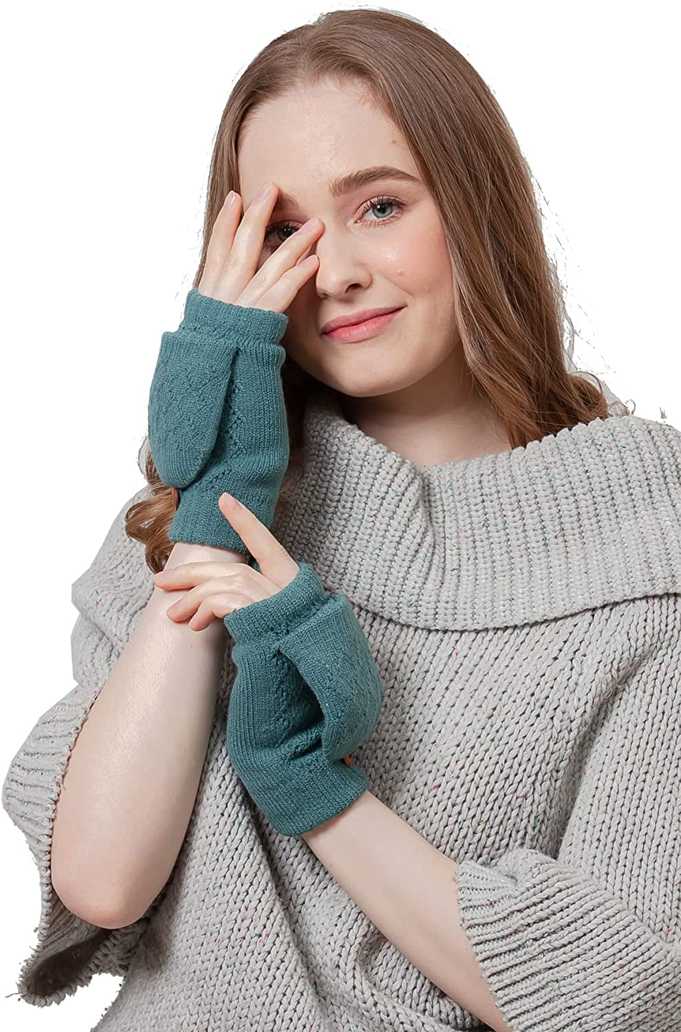 BYOS Women'S Winter Cozy Diamond Pattern Fleece Lined Flip Top Convertible Knit Gloves Mittens Apparel & Accessories > Clothing Accessories > Gloves & Mittens Be Your Own Style Teal Green
